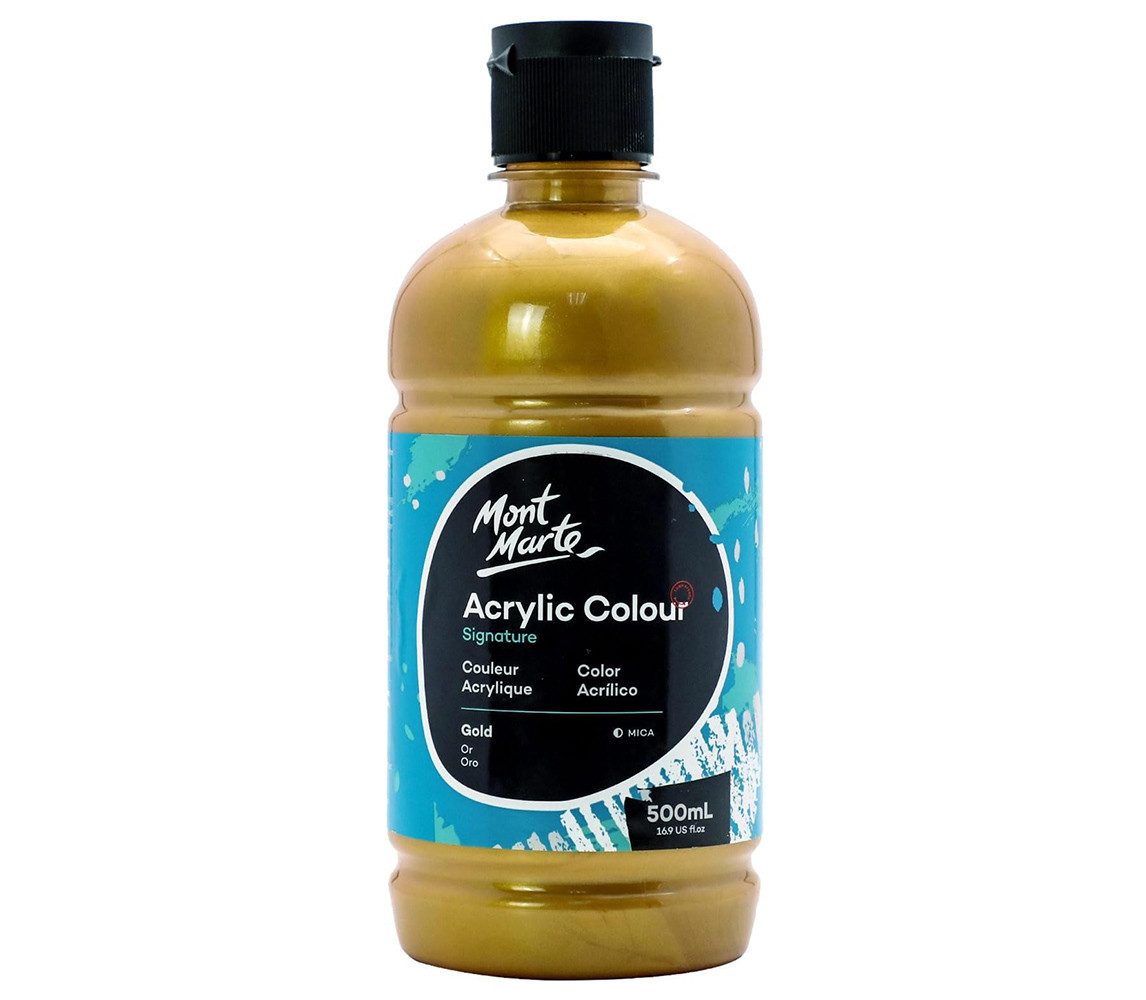 Mont Marte Acrylfarbe SIGNATURE Grundfarben – Weiß / Schwarz / Gold – je 500 ml Flasche, Ideal für Acrylmalerei,Brillante Lichtechte Farbe mit großer Deckkraft