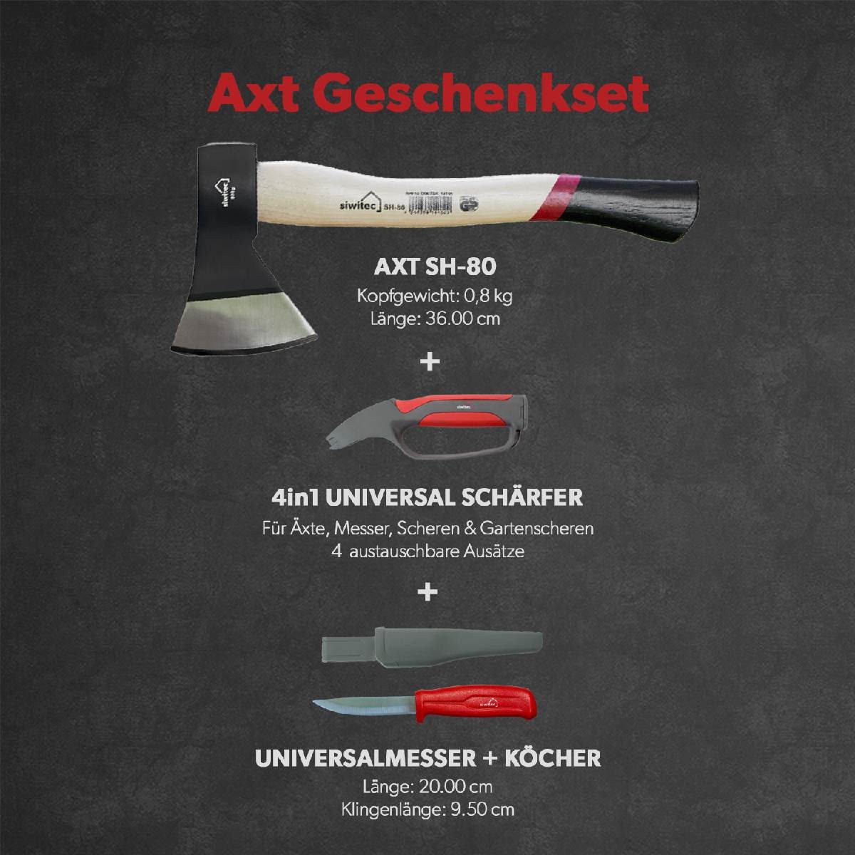 siwitec Axt Axt Geschenk Set, Universalaxt SH-80 800g Schärfer und Universalmesser, C45 Carbon Stahl, GS-Verifizierung, wechselbare Aufsätze des Schärfers