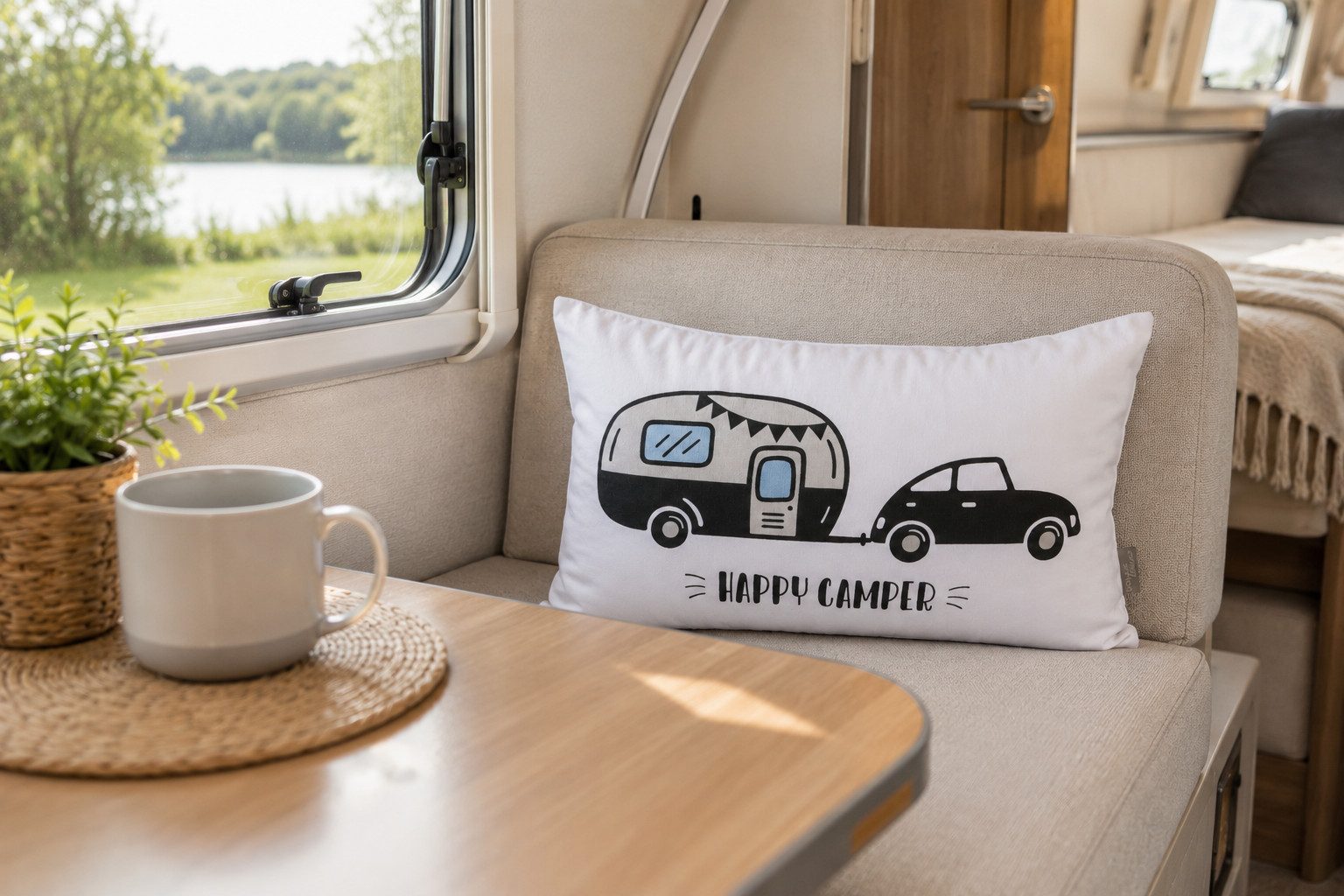 BOLTZE Zierkissen Sofakissen Camper mehrfarbig mit Auto und Wohnwagen Motiv, (1 St)