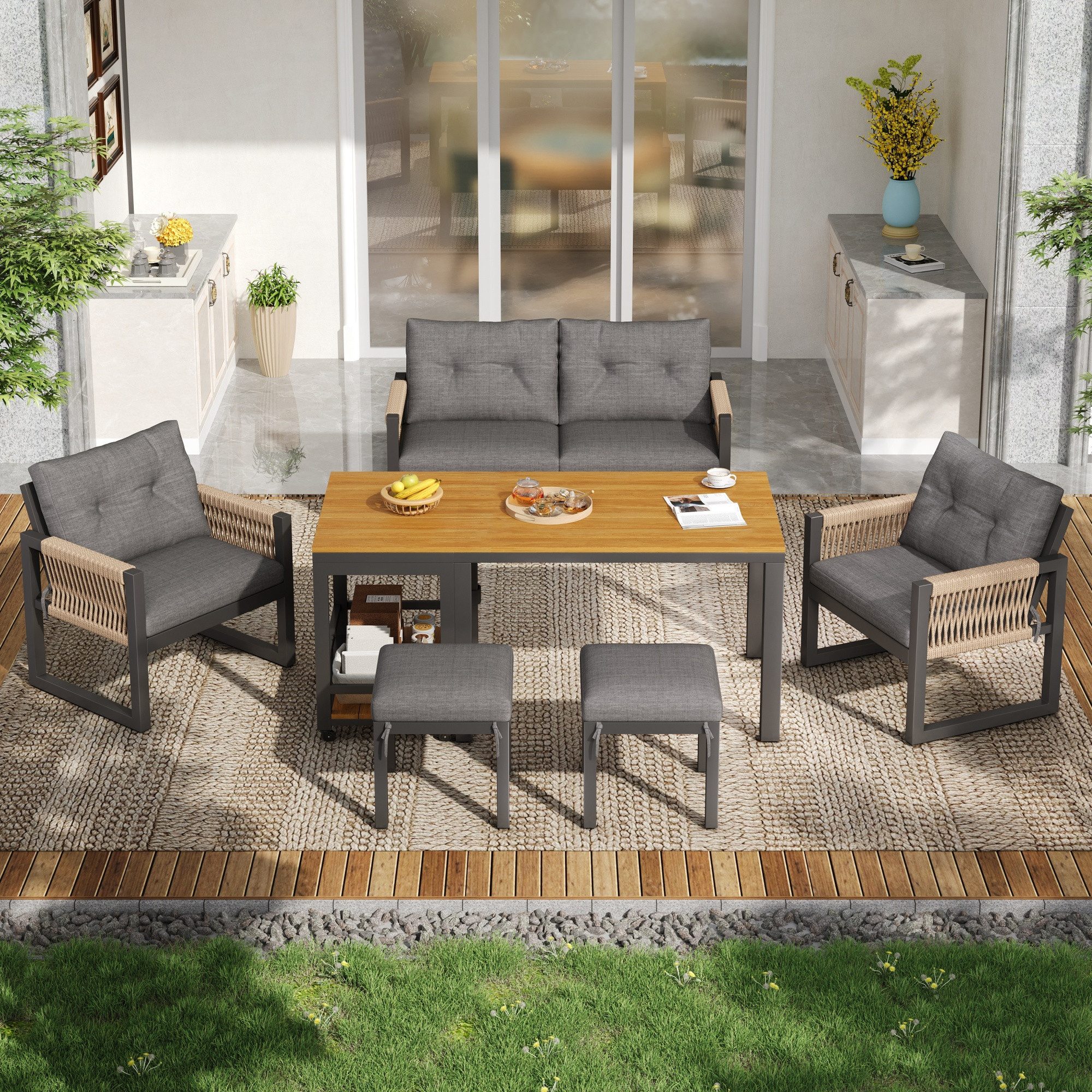 OKWISH Sitzgruppe Modernes Outdoor-Sofa-Set mit Tisch, Stuhlmaß 57x66x80 cm Tisch, (Doppelstuhl, 6-tlg., mit 1 Tisch und 3 Stühle, 2 Hocker), Freizeit- und Besprechungsset für mehrere Personen
