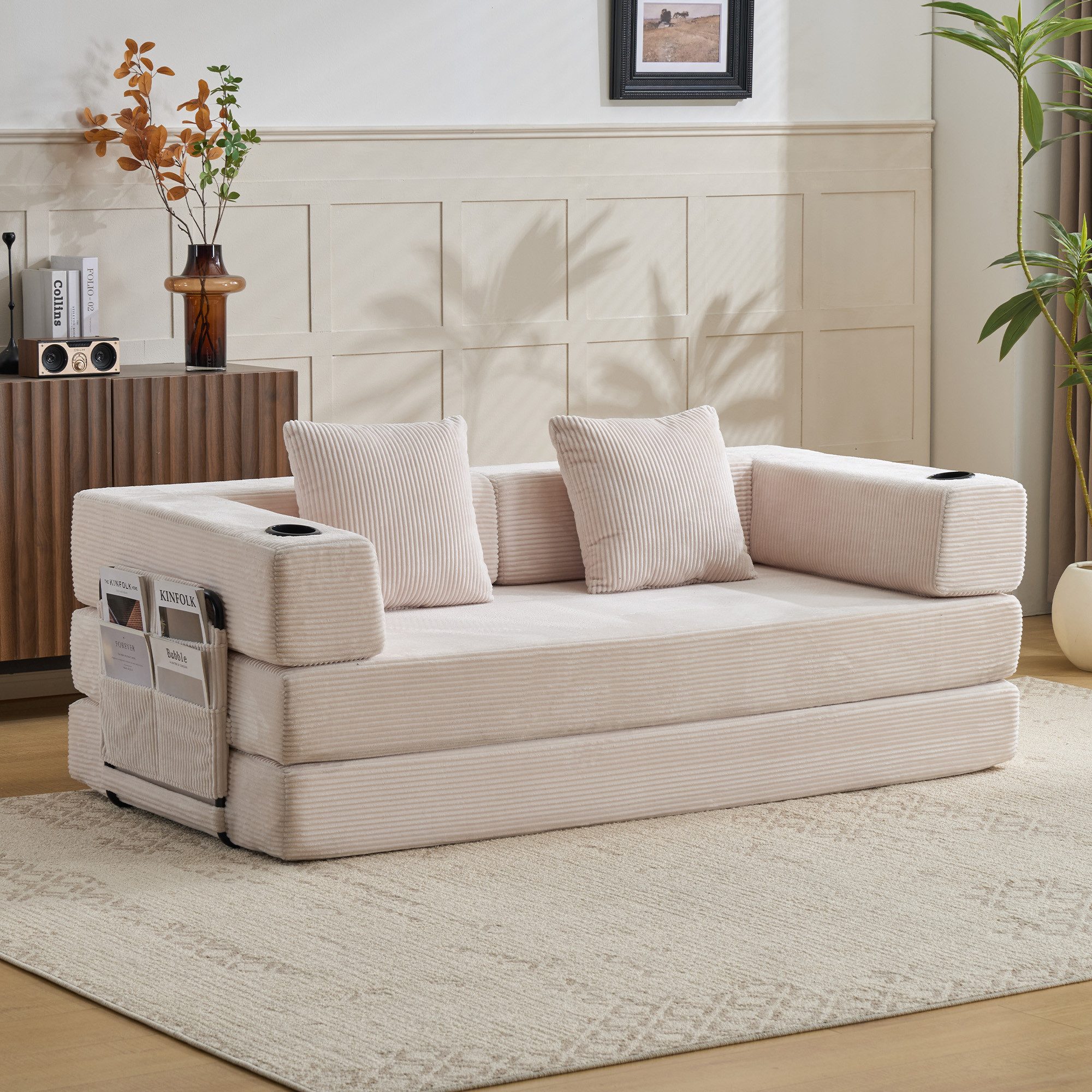 Vankel Loungebett Sofas Wohnzimmer, Sofa mit Schlaffunktion aus Cord mit Cupholder, Faltbares Schlafsofa mit Seitentaschen, Cupholdern und ohne Montage