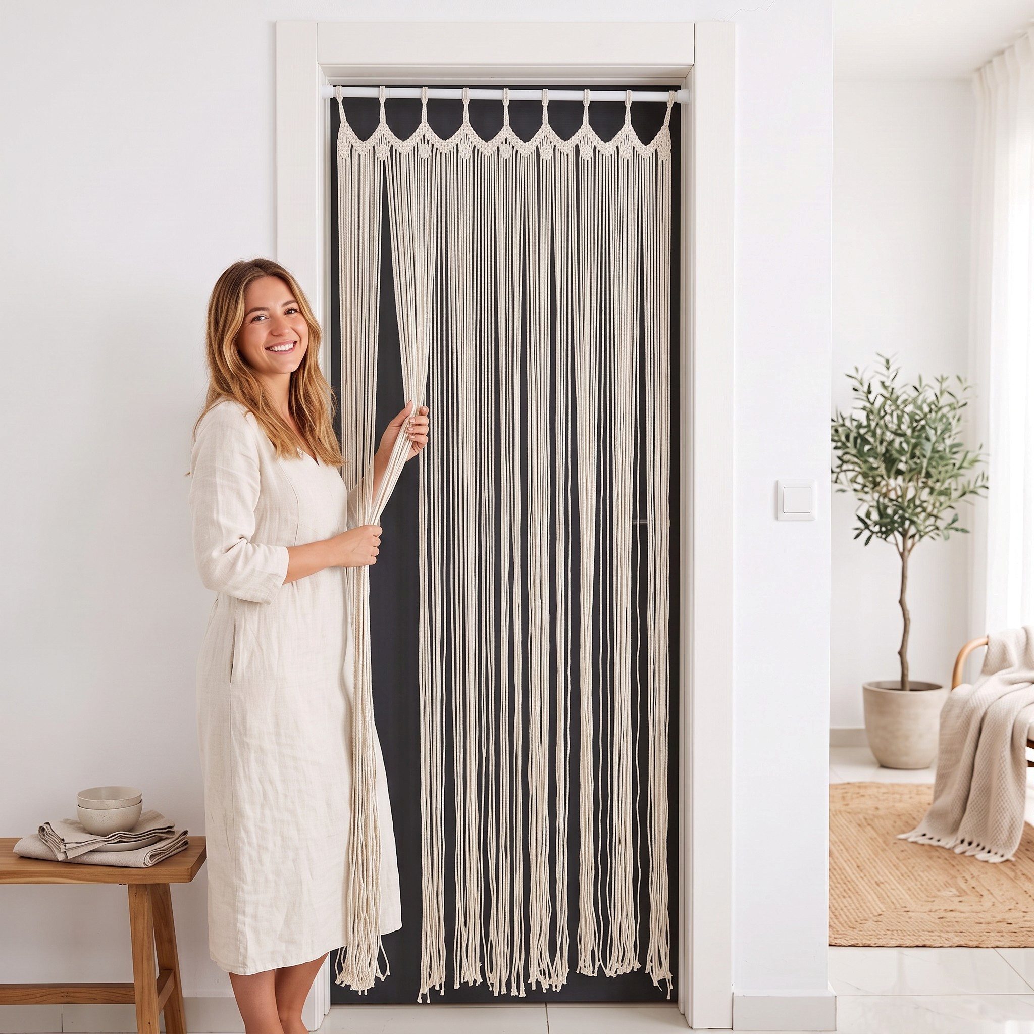 Cozyor Türvorhang Makramee Vorhang Boho 100x200 cm für Tür, Fenster, Balkon & Wohnwagen (1 St), Schlaufen, 100% Baumwolle, beige natur Wandteppich Wandbehang Hochzeit handgemacht