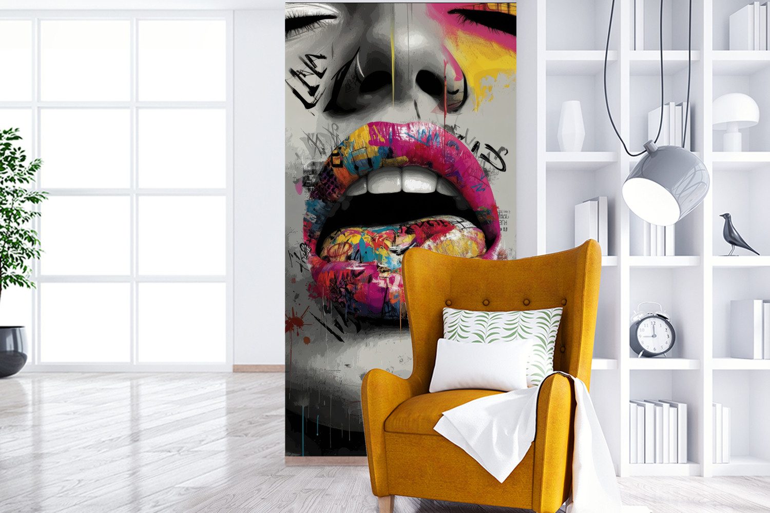 MuchoWow Fototapete Lippen - Graffiti - Ausdrucksstark, Matt, bedruckt, Vliestapete für Wohnzimmer Schlafzimmer Küche, Fototapete, 120x240 cm – Bild 2 von 5