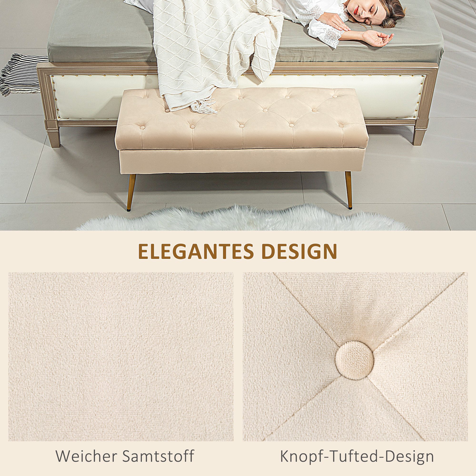 furnicato Polsterbank Stauraum-Sitzbank Samtoptik 102x35x43 cm Beige (1-St)