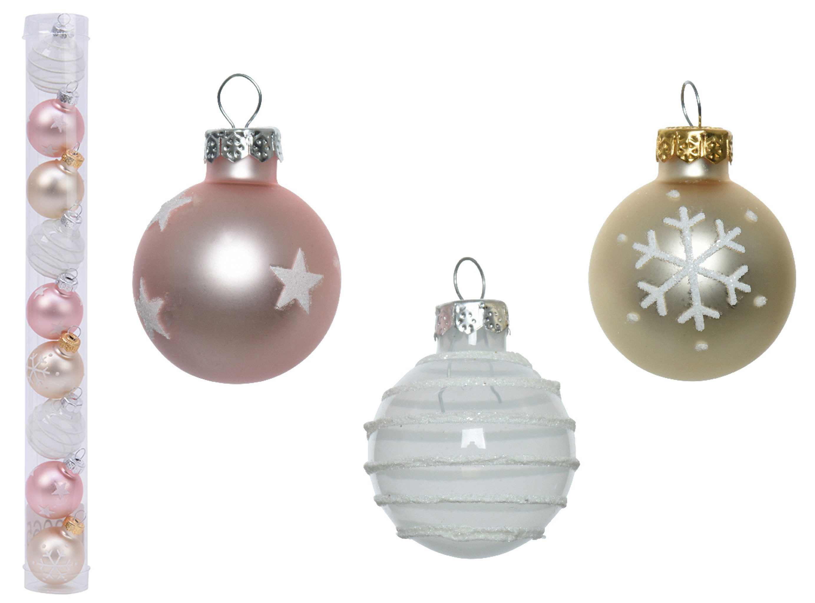 Kaemingk Weihnachtsbaumkugel, Weihnachtskugeln Glas mit Motiven 3cm 9er Set Rosa Mix transparent