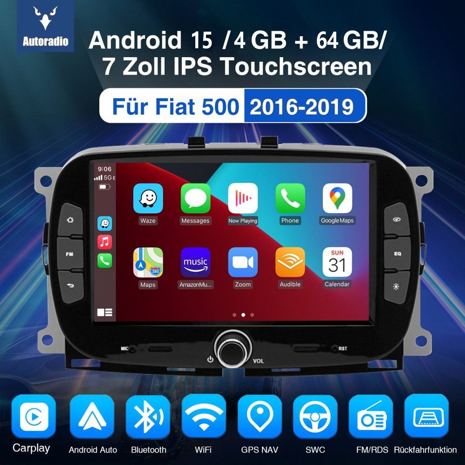 ESSGOO DAB+ Carplay Für Fiat 500 2016-2019 Android 15 Autoradio GPS Navi WIFI Autoradio (FM, RDS, 4+64GB(optional), DAB+ (optional), Carplay Android Auto Bluetooth EQ USB GPS Navi WIFI Touchscreen)