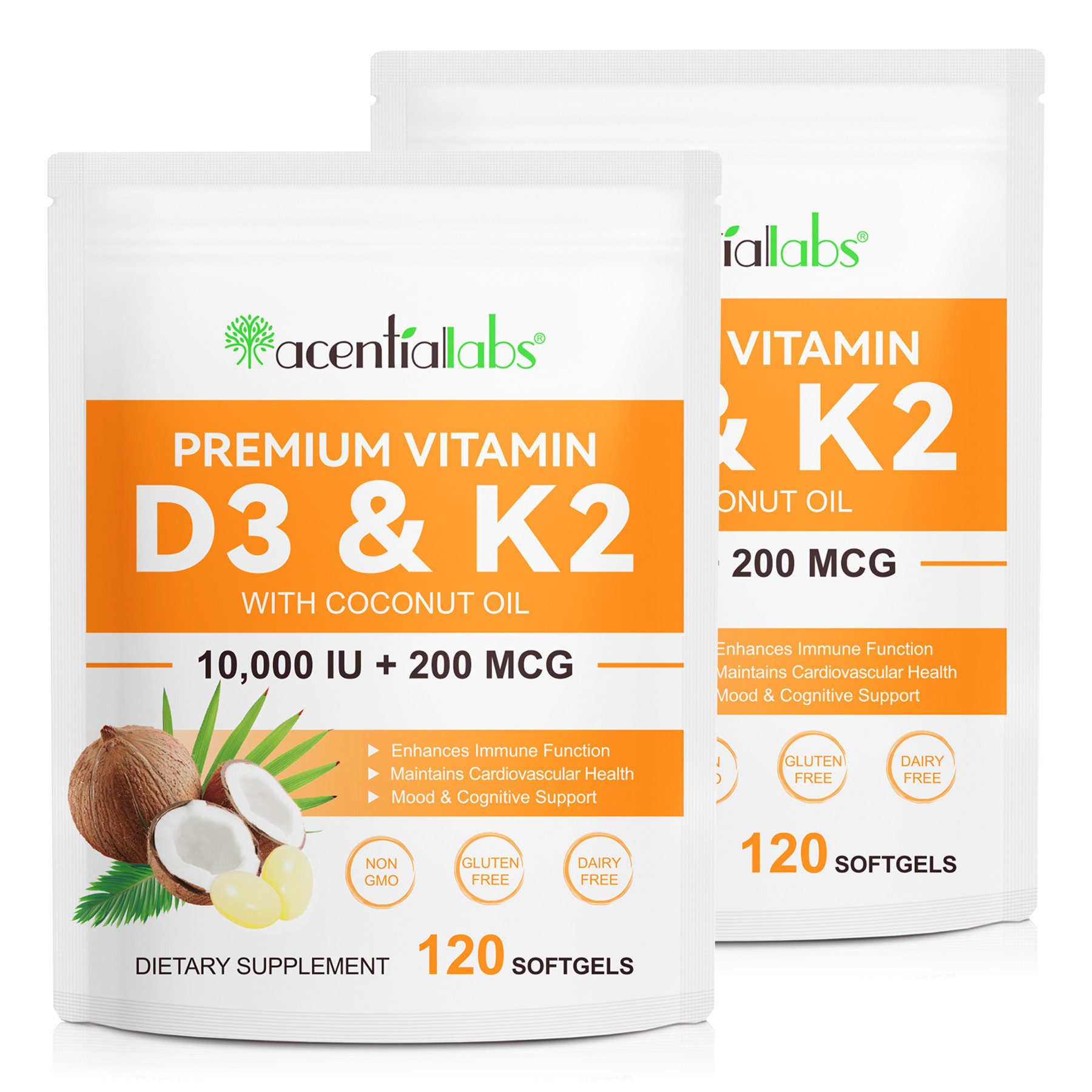 Acentiallabs Vitamin D3 + K2 mit 10,000 IE + 200 mcg K2 (MK7) Premium Softgels Softgels, Nahrungsergänzungsmittel, Superfood, Acentiallabs