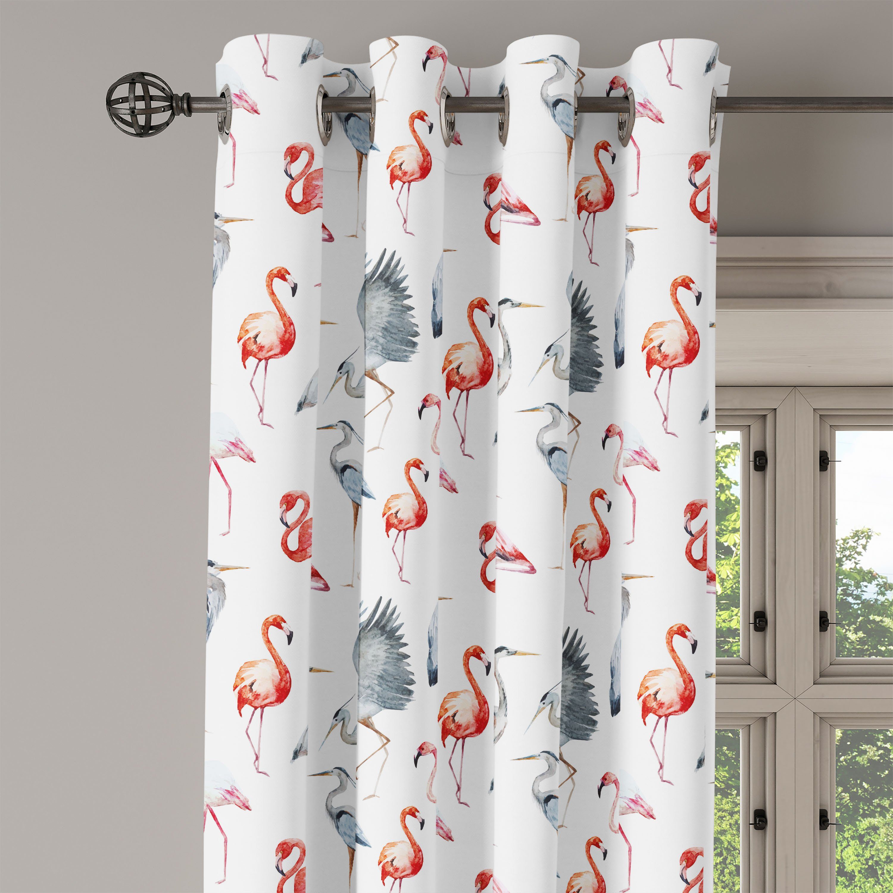 Gardine Dekorative Flamingo für Abakuhaus, 2-Panel-Fenstervorhänge Reiher Schlafzimmer Wohnzimmer, Vögel Aquarell