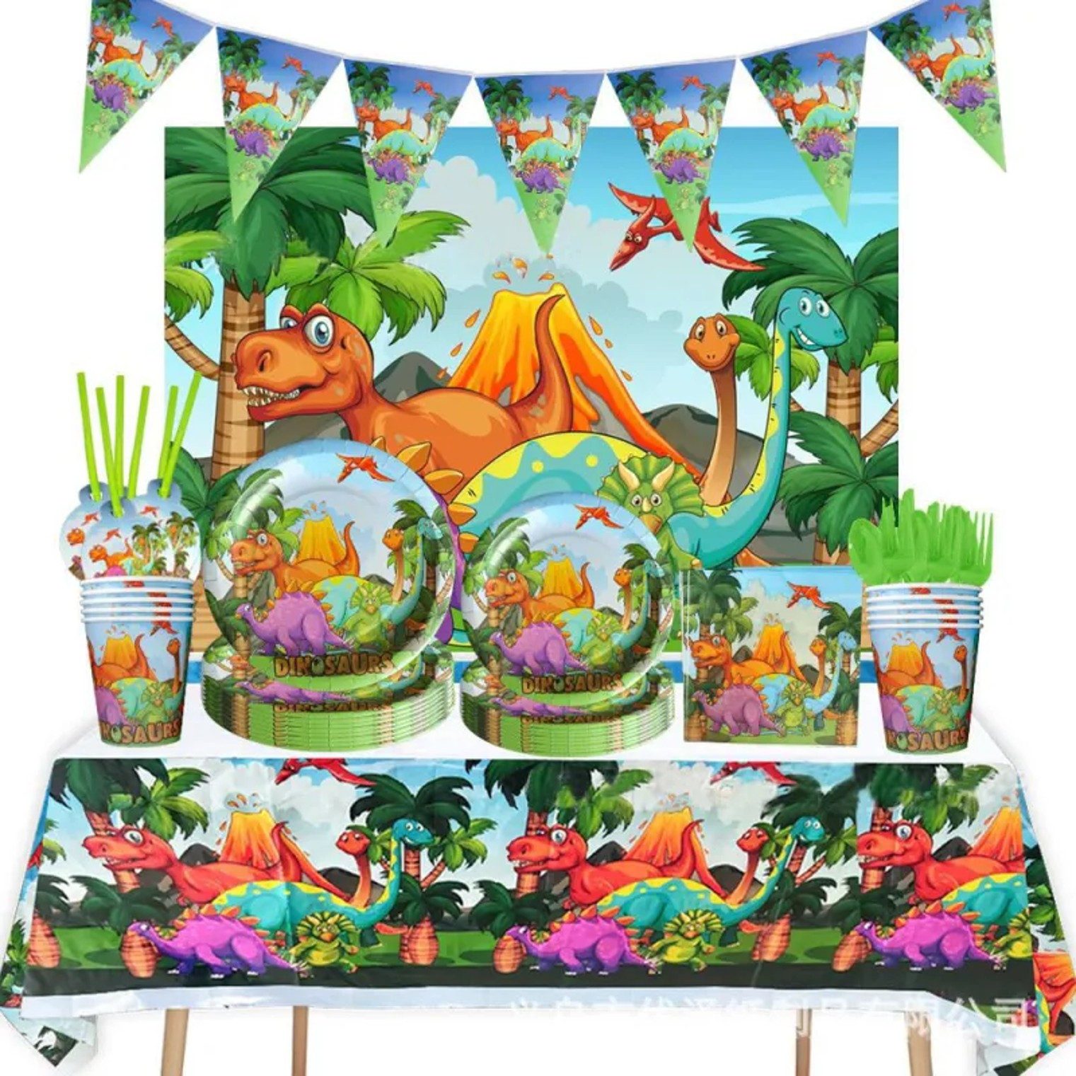 Kindergeschirr-Set Dinosaurier Party Deko Set 61 tlg. Dino Zug Teller Servietten