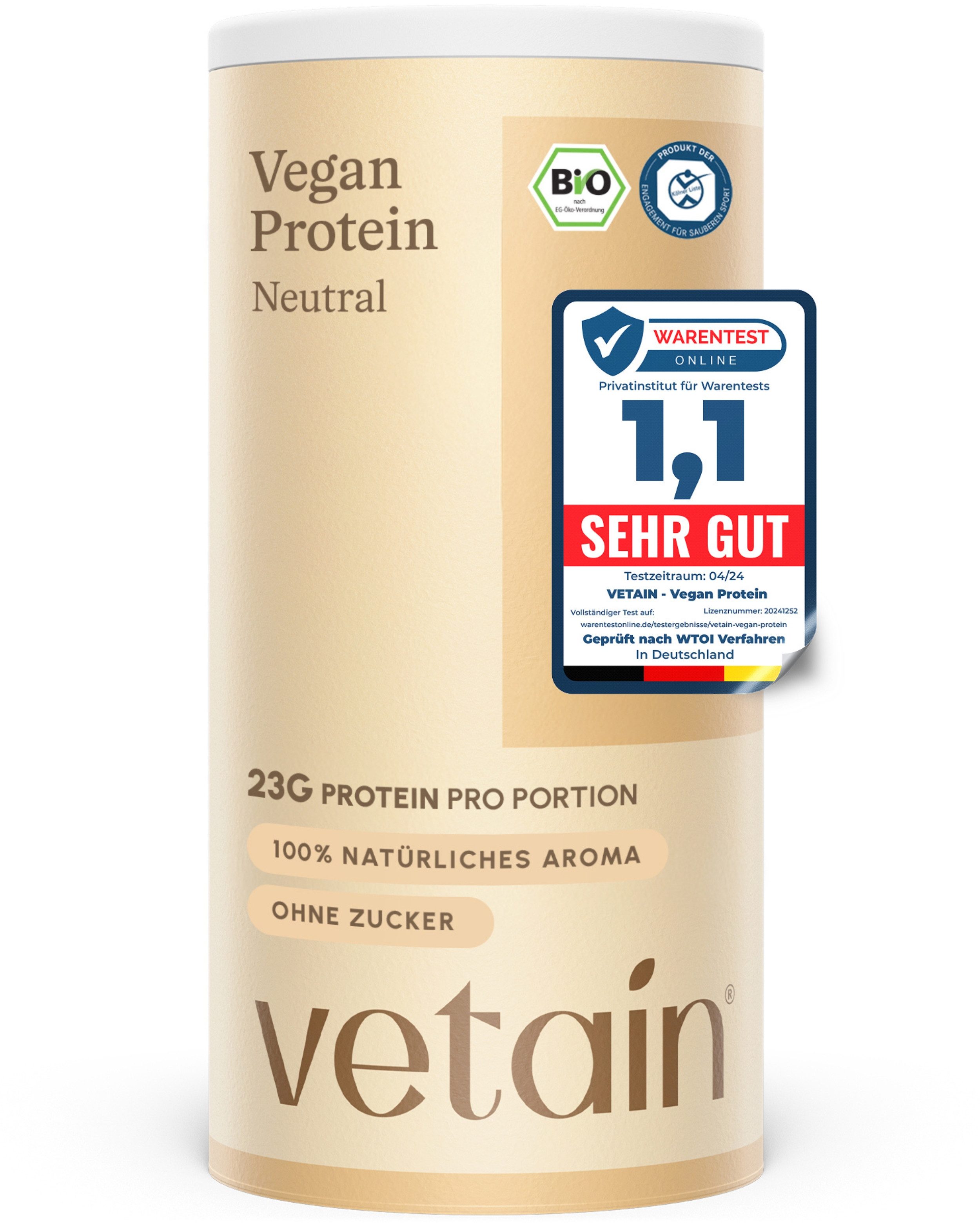 VETAIN Protein Pulver Vegan - Bio Protein Pulver, 540 g, Fermentiertes Erbsenprotein, ohne Stevia, Sucralose & Aspartam