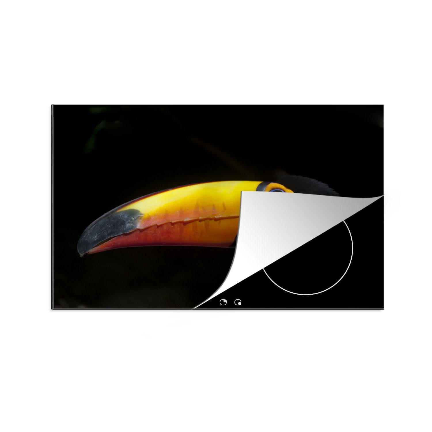 MuchoWow Herdblende-/Abdeckplatte Nahaufnahme eines Tukans mit orangefarbenem Schnabel, Vinyl, (1 tlg), 81x52 cm, Induktionskochfeld Schutz für die küche, Ceranfeldabdeckung