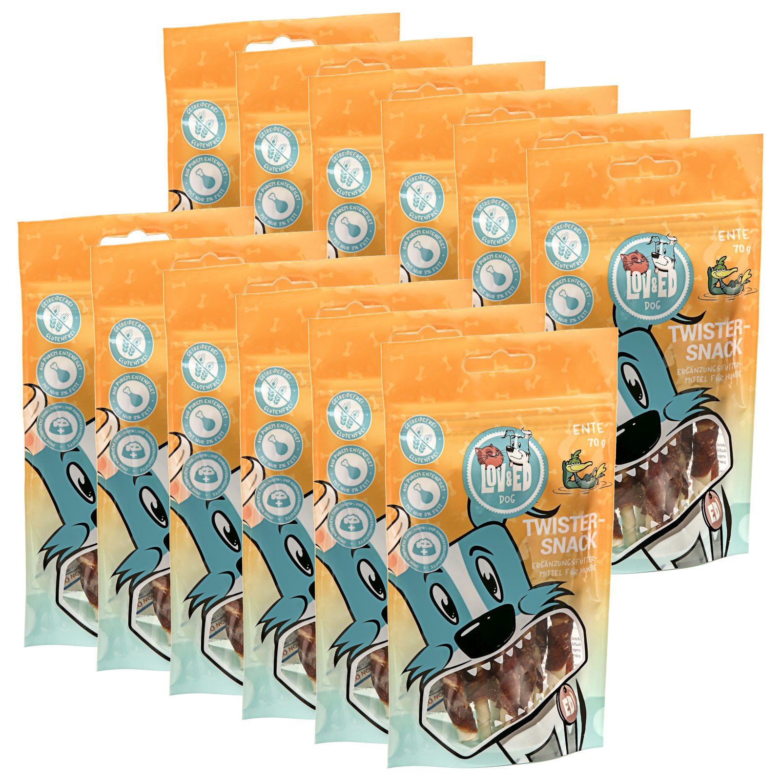Lov&Ed Twister-Snack Ente, 12x 70g, Kau-Leckerli für Hunde, Snack für: Hund