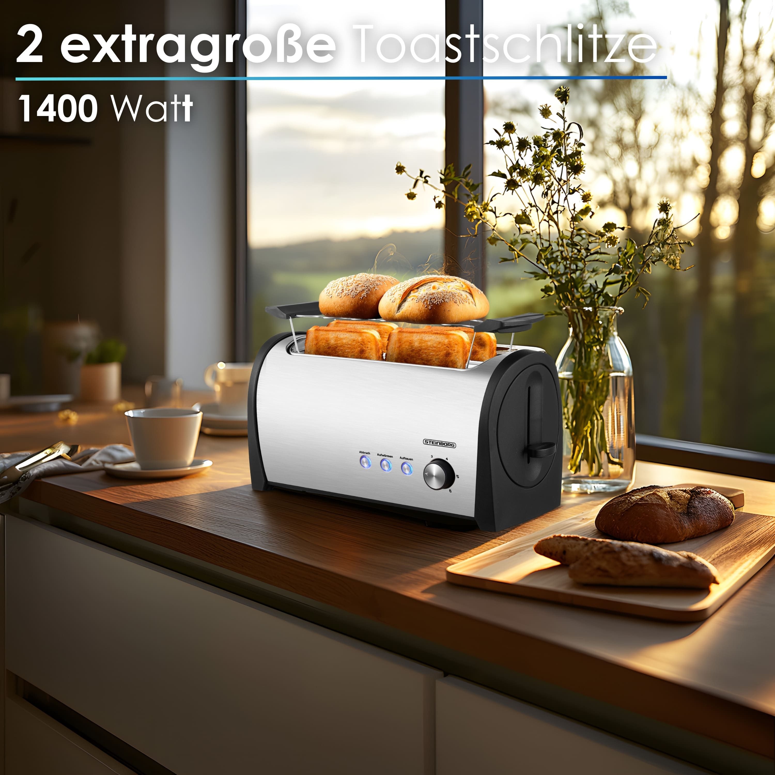STEINBORG Toaster SB-2213, 2 lange Schlitze, für 2 Scheiben, 1400 W, Selbstzentrierende Führung für eine gleichmäßige Bräunung