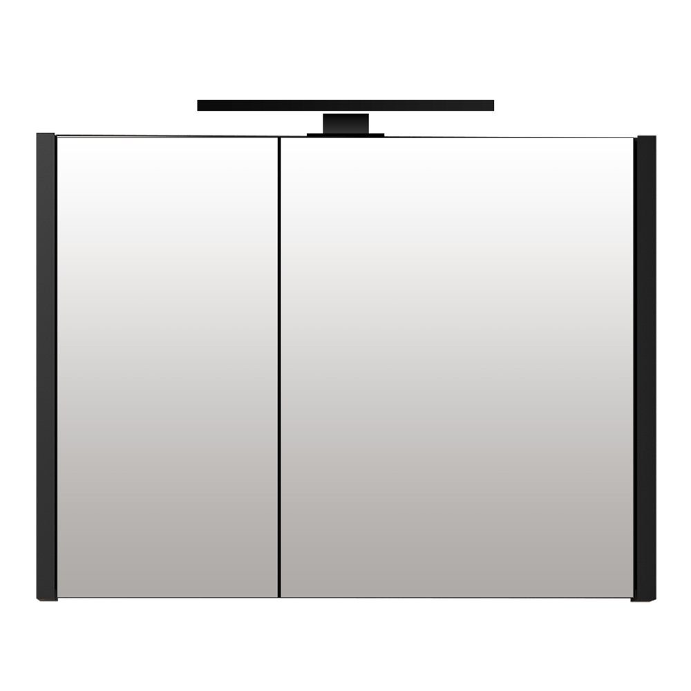 2Türen, Spiegelschrank Aufbauleuchte, B/H/T: NANTES-107 schwarz, cm LED 80/65/15 Lomadox mit
