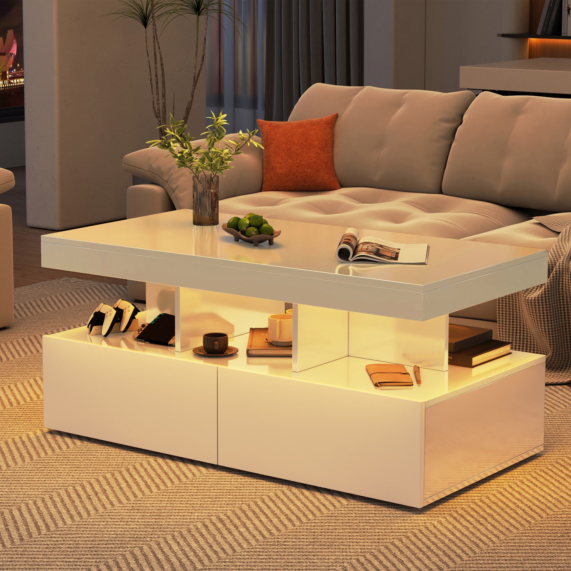PXloue Couchtisch LED-Couchtisch mit Stauraum und günstig online kaufen
