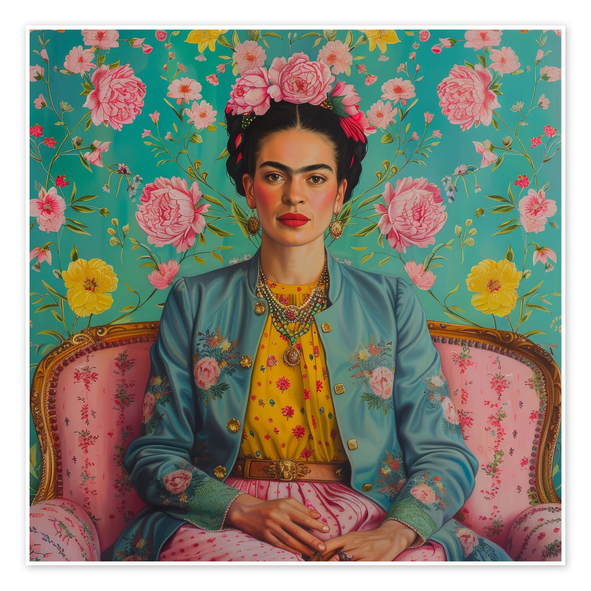 Posterlounge Poster DejaReve, Frida Kahlo auf Sofa, Digitale Kunst