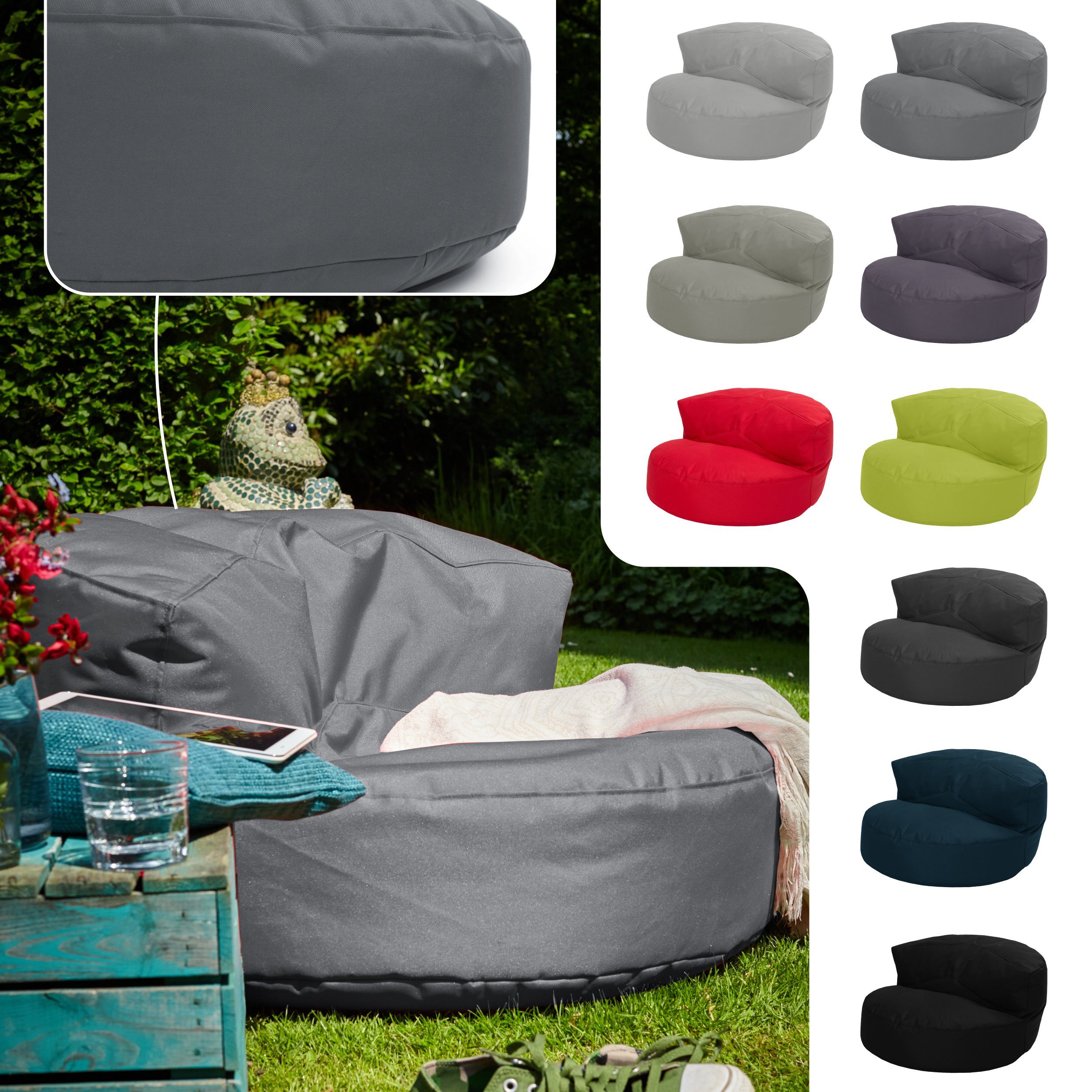 Indoor & Grau Green Perlen Sitzmöglichkeit Bean (mit & abwaschbarer Rückenlehne Couch Sofa Gartenliege Sitzsack Outdoor Füllung mit Rückenlehne, wasserabweisender Bezug), mit EPS