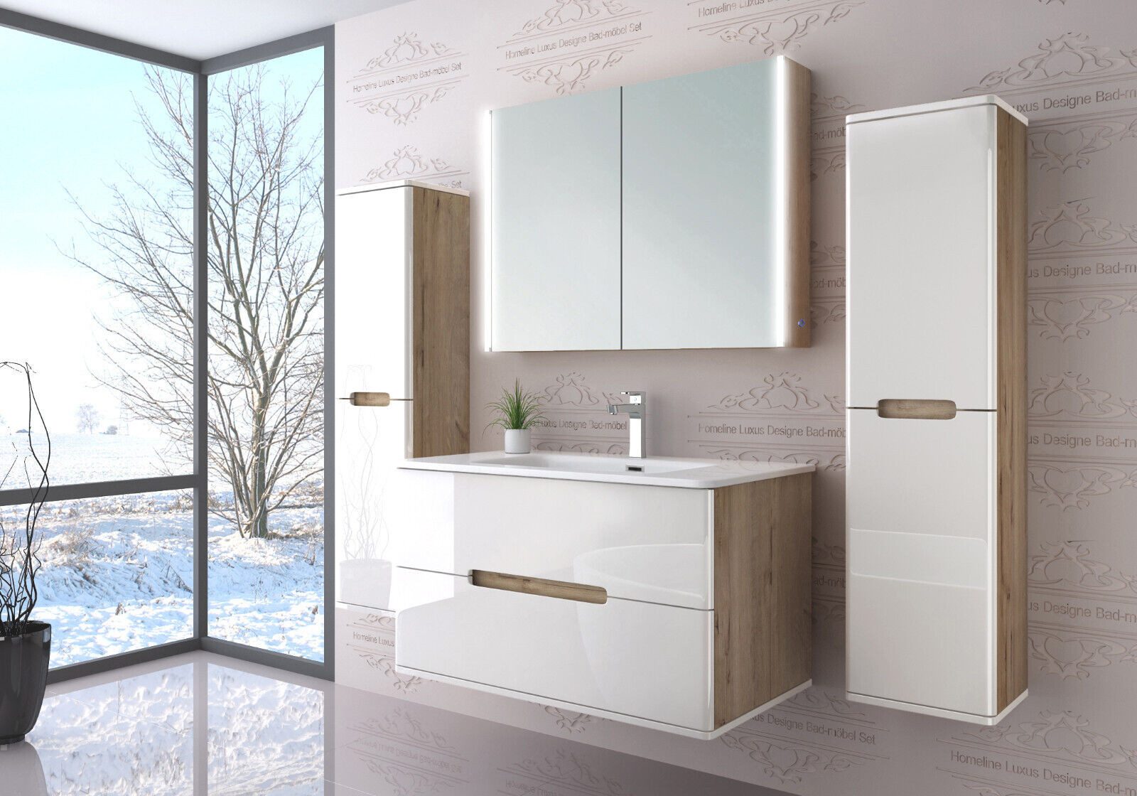 Homeline Badmöbel-Set Bad Möbelset Badezimmer Möbel Hochglanz 90 cm Eiche / günstig online kaufen