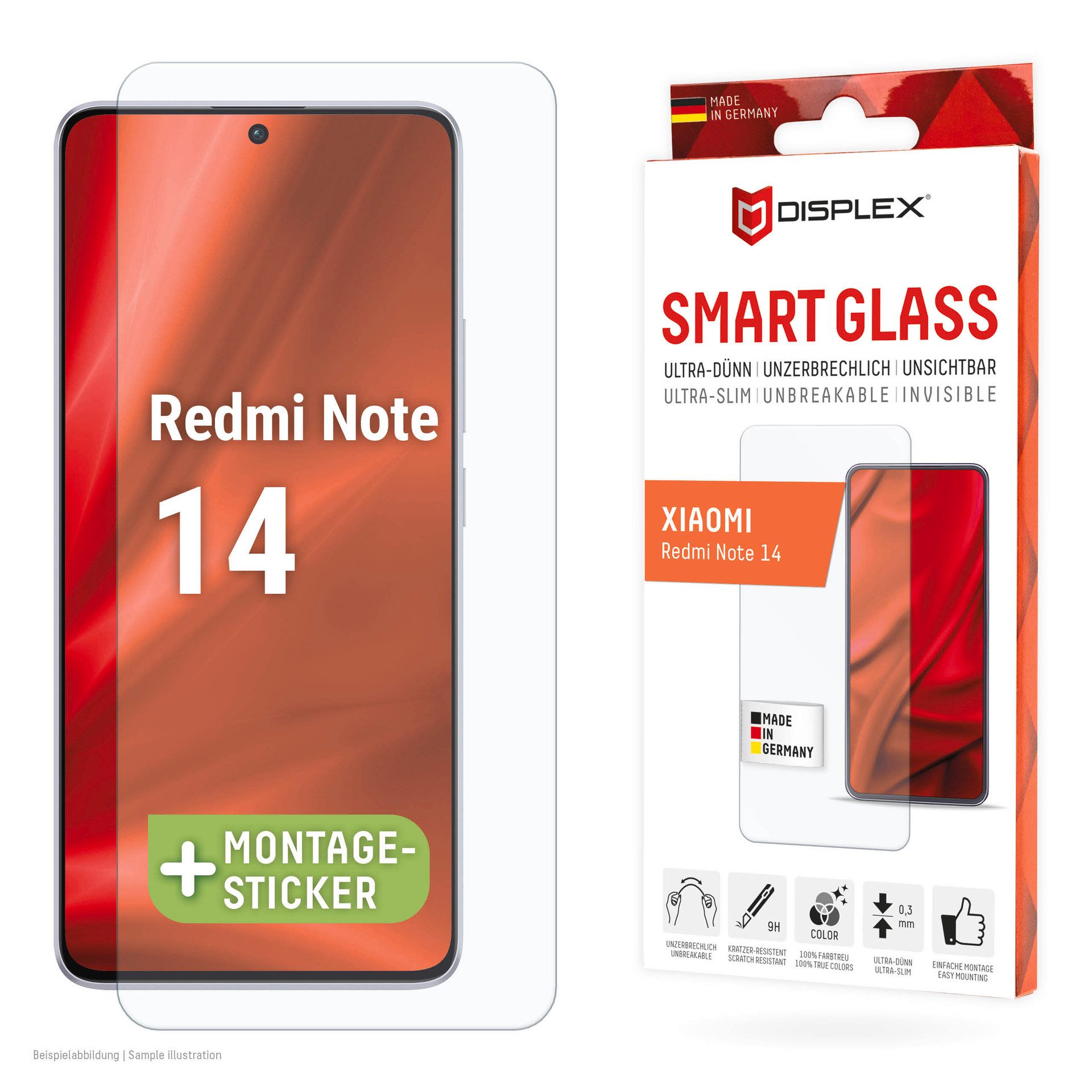 Displex Displayschutzglas Smart Glass Screen Protection - ultra-dünn, unzerbrechlich, unsichtbar für Xiaomi Redmi Note 14, Displayschutzfolie, Schutzfolie, Bildschirmschutz, kratz- & stoßfest