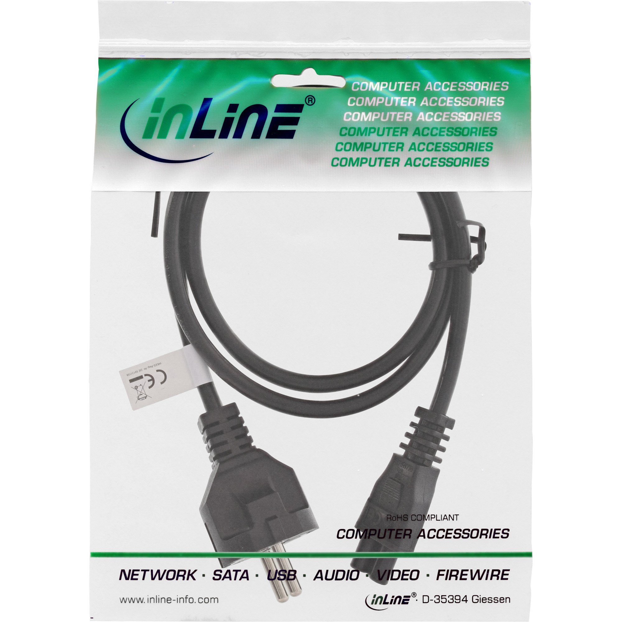 ELECTRONIC Netzkabel InLine® 3pol schwarz, Notebook, Kupplung, 1m Stromkabel für INTOS AG