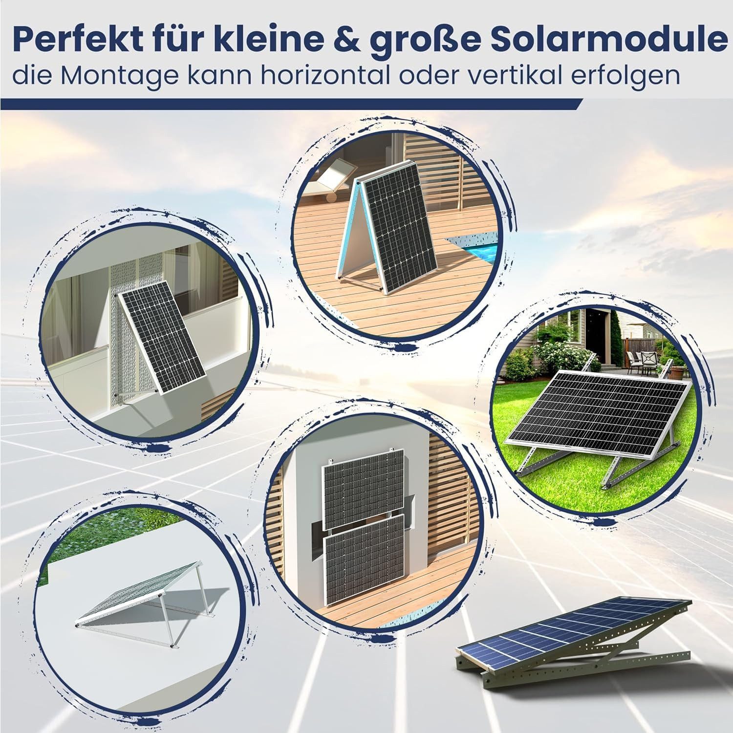 Rhein Beleuchtung Solarmodul Verstellbare Solarmodul-Halterung – 114 cm oder 118 cm, 0 W, Korrosionsbeständige Aluminiumlegierung, (Set, 4-St), 0–90° Neigungswinkel, Aluminiumlegierung, für Module bis 115 cm