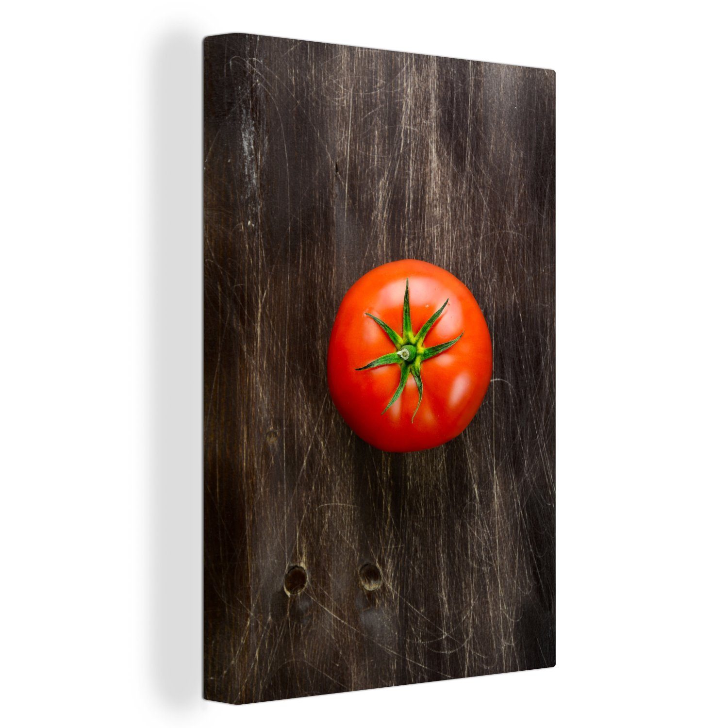 OneMillionCanvasses® Leinwandbild Frische Tomate auf einem hölzernen Hintergrund, (1 St), Leinwandbild fertig bespannt inkl. Zackenaufhänger, Gemälde, 20x30 cm