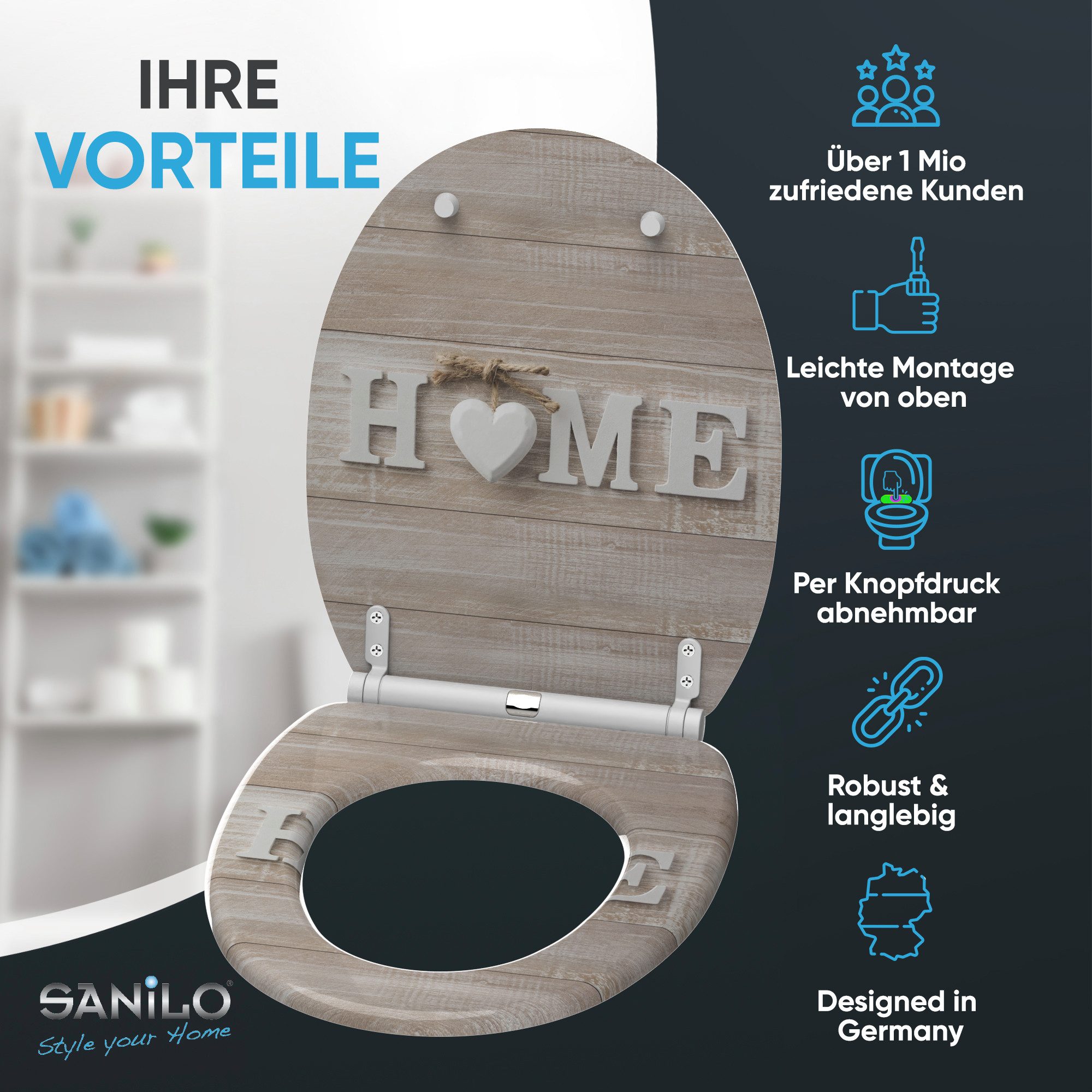 Sanilo WC-Sitz mit Absenkautomatik, viele Toilettendeckel direkt vom Hersteller, hochwertig & modern, universell, leichte Montage