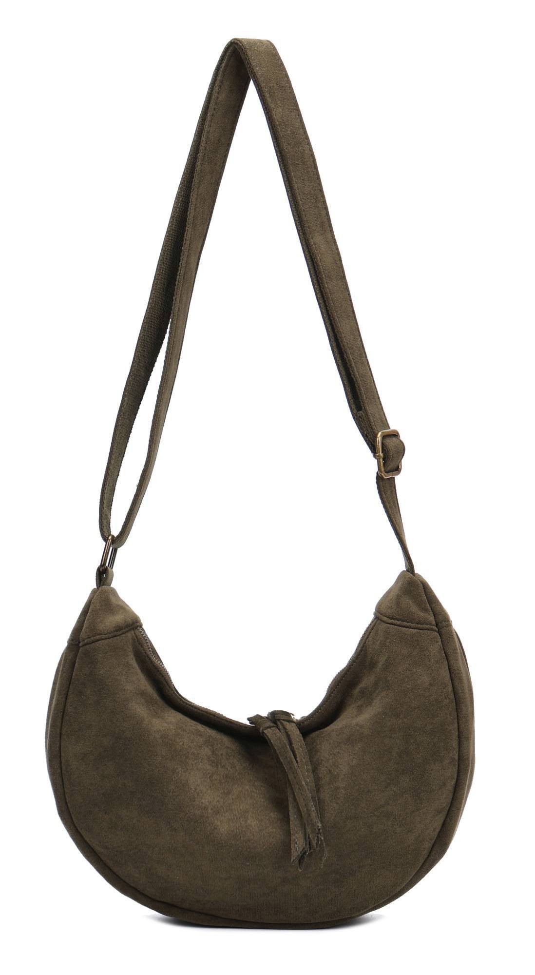 ITALYSHOP24 Schultertasche Damen Tasche MOON Halbmond Cross Over Body Bag Umhängetasche Suedette, Tragekomfort Hüft Brust Bauch Gürtel Rücken Slingtasche Wildlederoptik