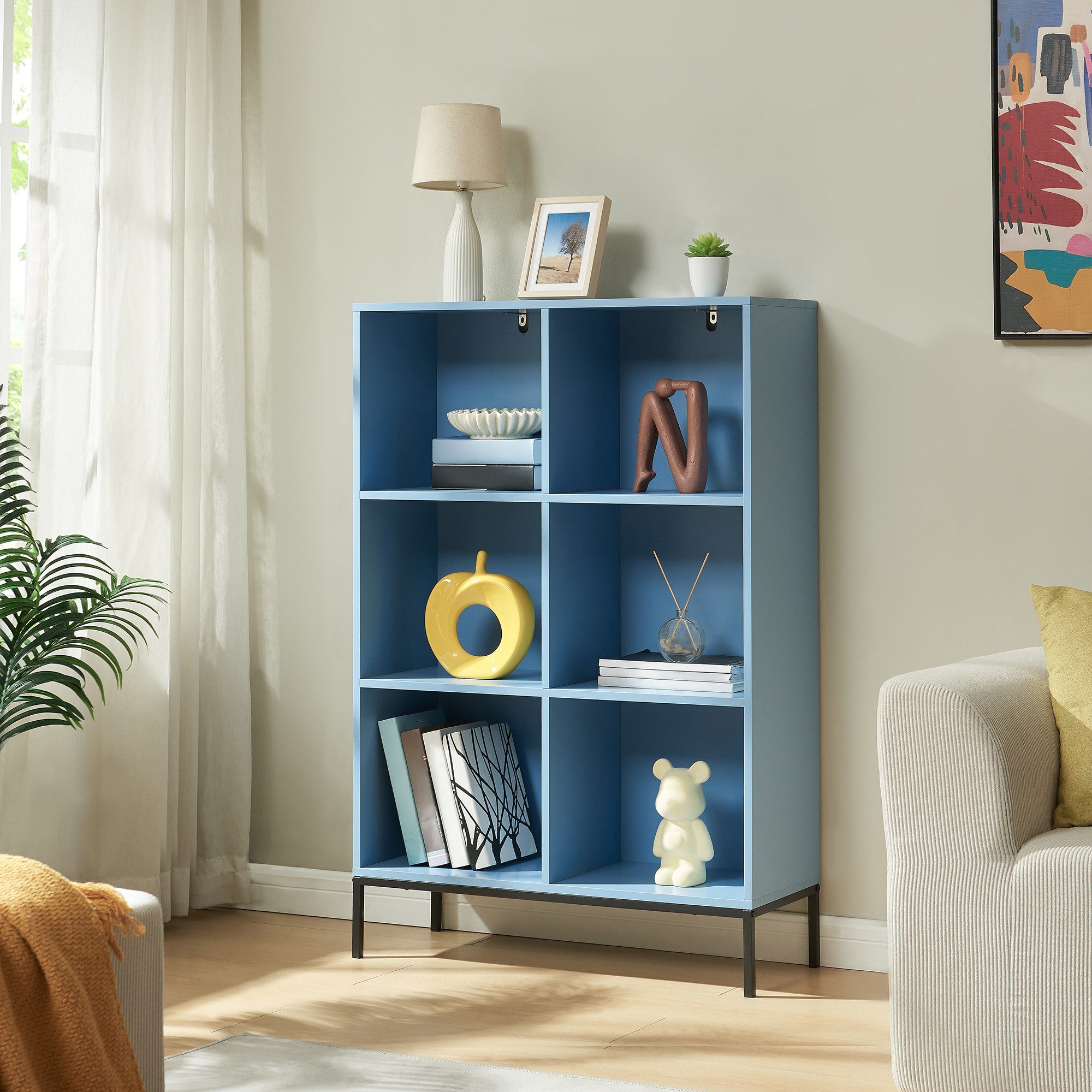 en.casa Bücherregal, »Colwyn« mit 6 offenen Fächern 120 x 80 x 30 cm Blau