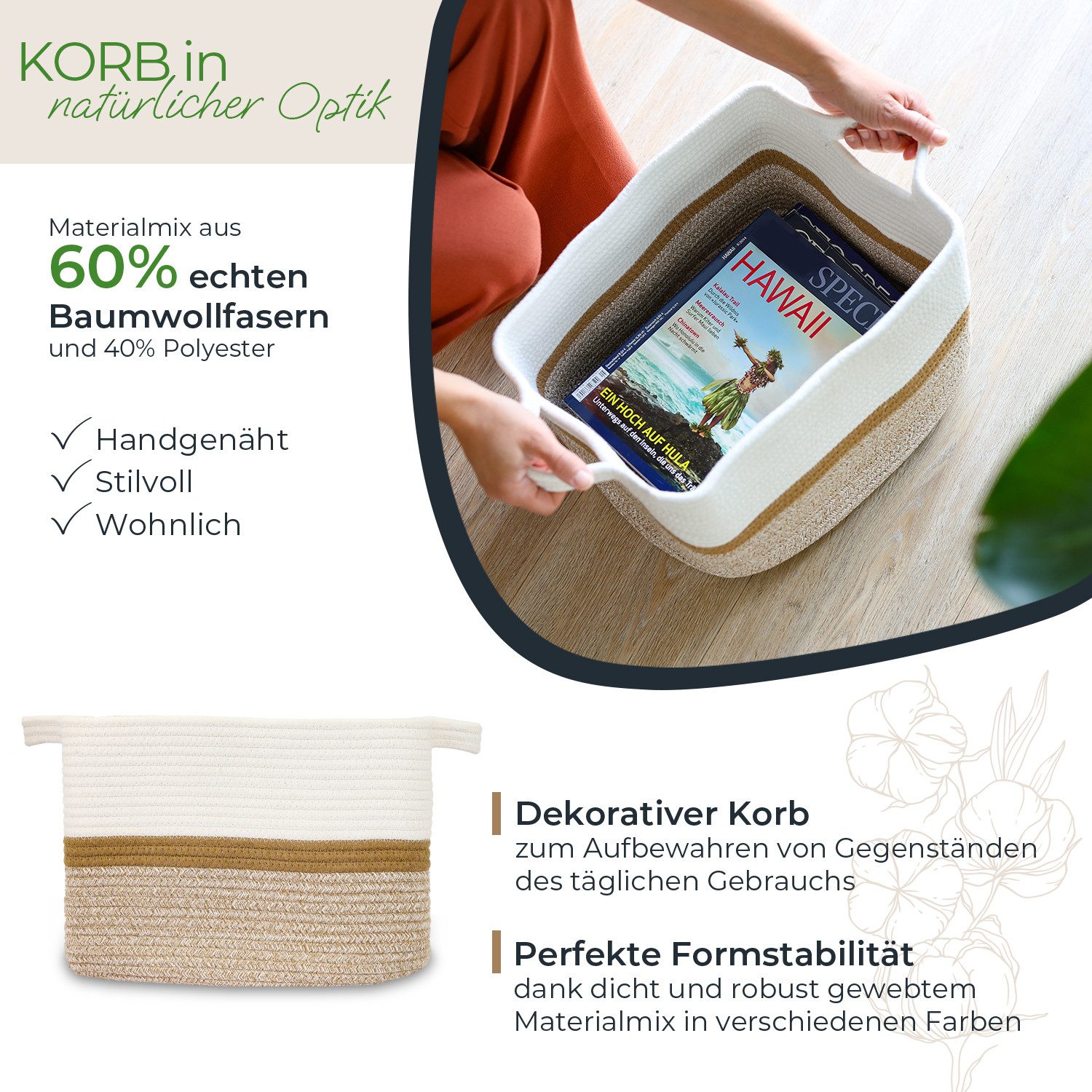 HMF Aufbewahrungskorb Aufbewahrungskorb mit verlängerten Griffen, Korb aus Baumwolle, 36 x 30 x 25 cm, Weiß-Braun – Bild 2 von 5