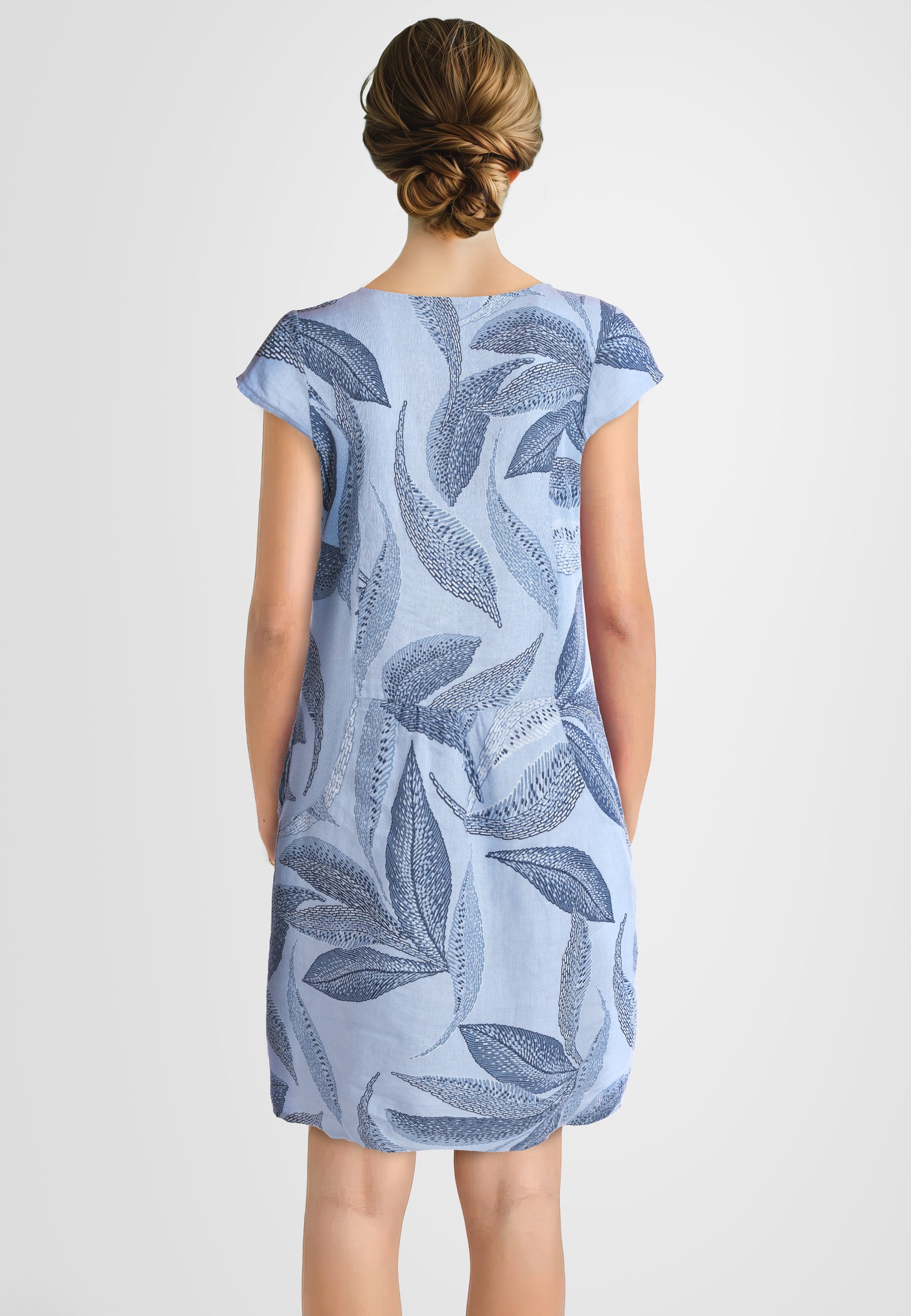 PEKIVESSA Sommerkleid Leinenkleid knielang kurzarm mit Blattmuster