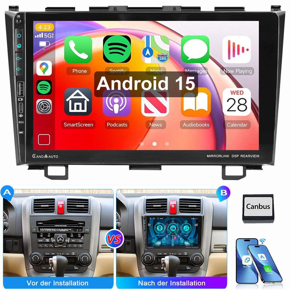 ESSGOO Für Honda CR-V III RE CRV 2007-2011 Android 15 Carplay NAVI Type-C Autoradio (Digitalradio (DAB), RDS, FM, AM, Apple Carplay Android Auto Navi WIFI BT EQ SWC)