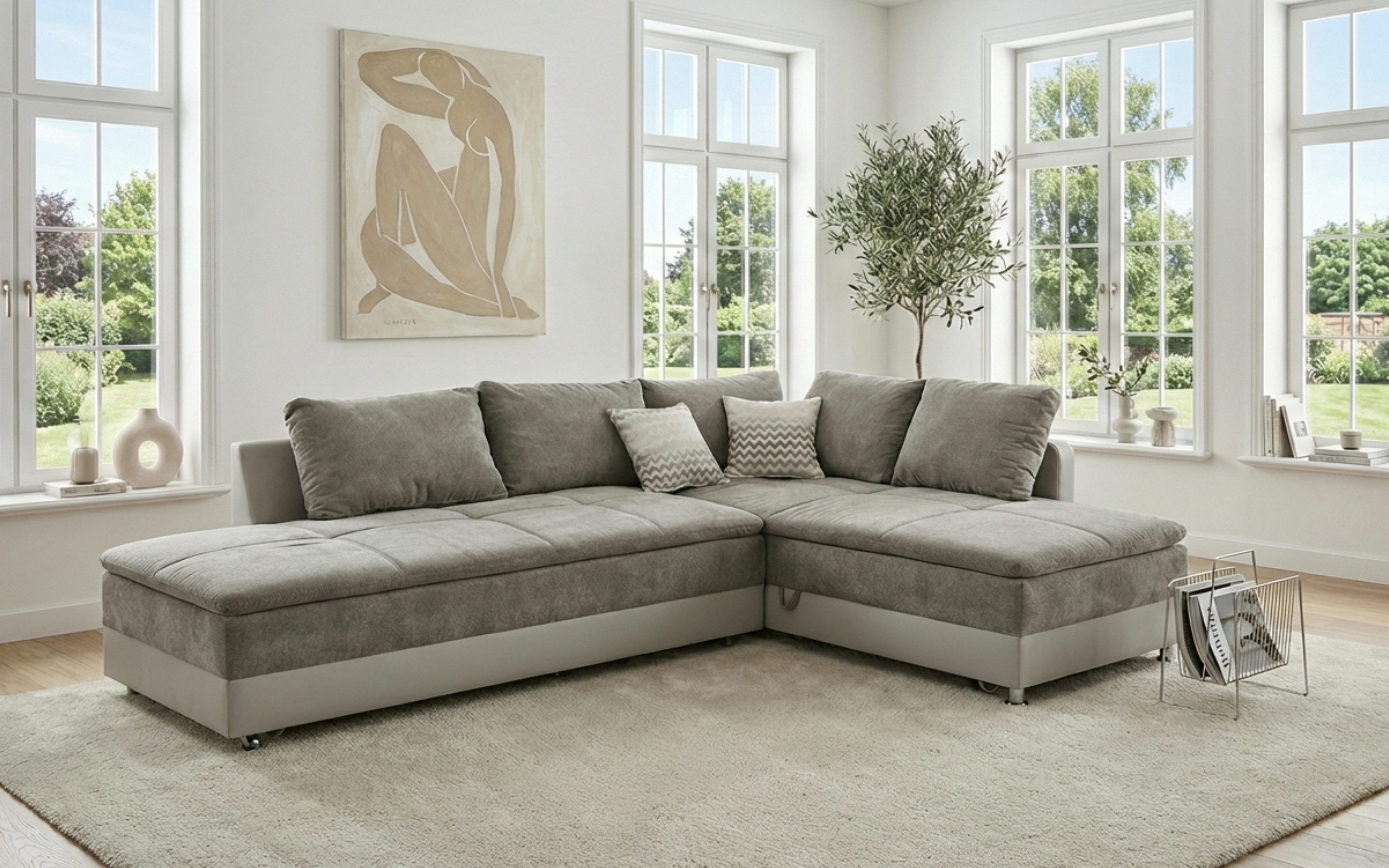 luma-home Ecksofa 15102, Dauerschläfer-Doppelbett B306/T223/H95 cm, Bettkasten, Regal, Boxspring, Federkern, Wellenunterfederung, Topper, Schwenkteil rechts, Mikrofaser Graubraun/Kunstleder Beige
