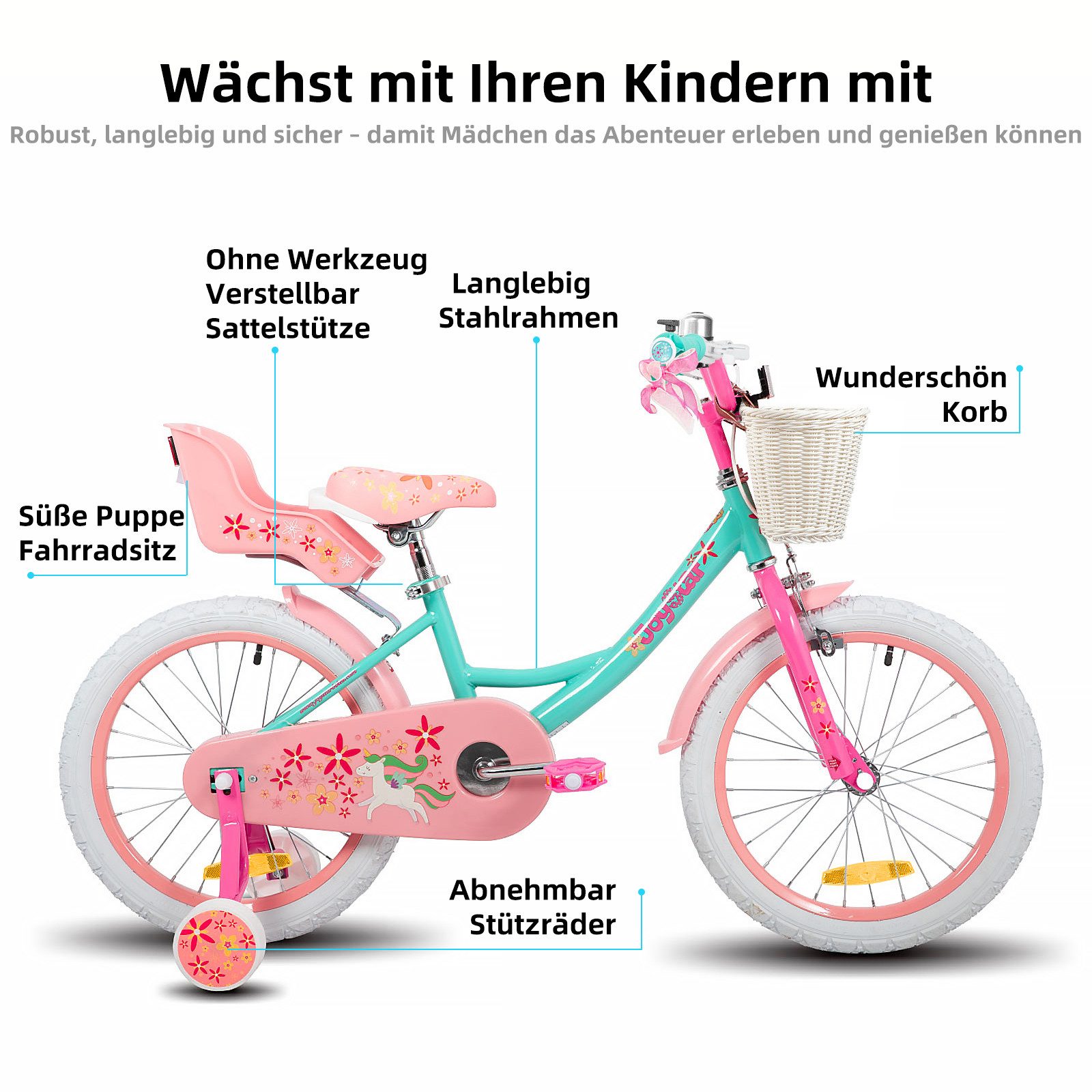 JOYSTAR Kinderfahrrad 12 14 16 18 Zoll Mädchenfahrrad, 2-9 Jahre, Geschenk für Prinzessin, 1 Gang, Puppenradsitz & Stützrädern& Korbstreamer, 18 Zoll mit Stützr – Bild 2 von 5