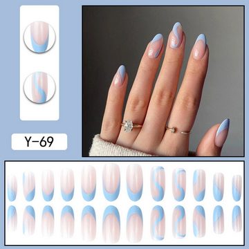 YRIIOMO Kunstfingernägel Lange runde Nagelaufkleber, künstliche Nägel, tragbare Nägel, hellblaue künstliche Nägel, lange aufhellende Nägel