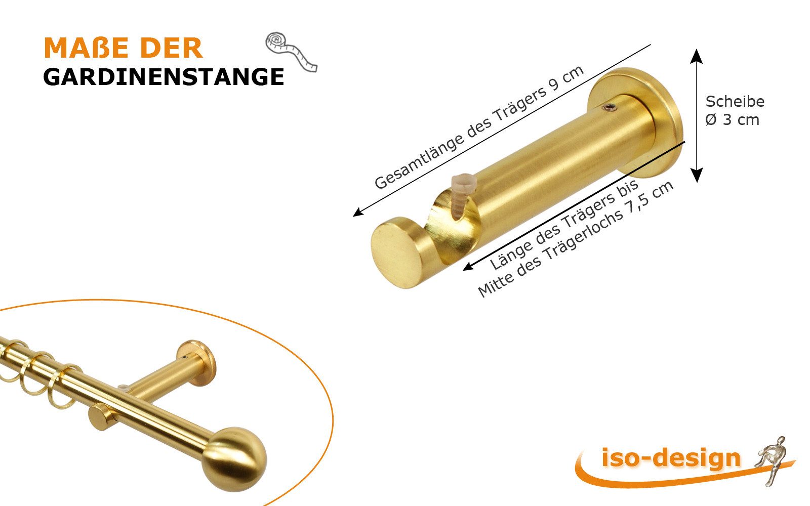 iso-design Gardinenstange 16 mm Farbe Messing Matt Endstück Kugel Wandmontage, Ø 16 mm, 1-läufig, Fixmaß, mit Bohren, 1 Schraube je Halter, Metall, Aluminiumroh – Bild 5 von 5