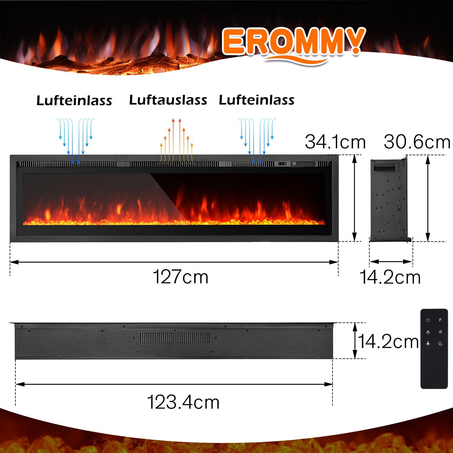 750W-1500W, EROMMY Fernbedienung Eingebaut, der Freistehend, 101,6cm/127cm Elektrokamin 9-farbig Wand An Flammeneffekt, Ulife montiert,