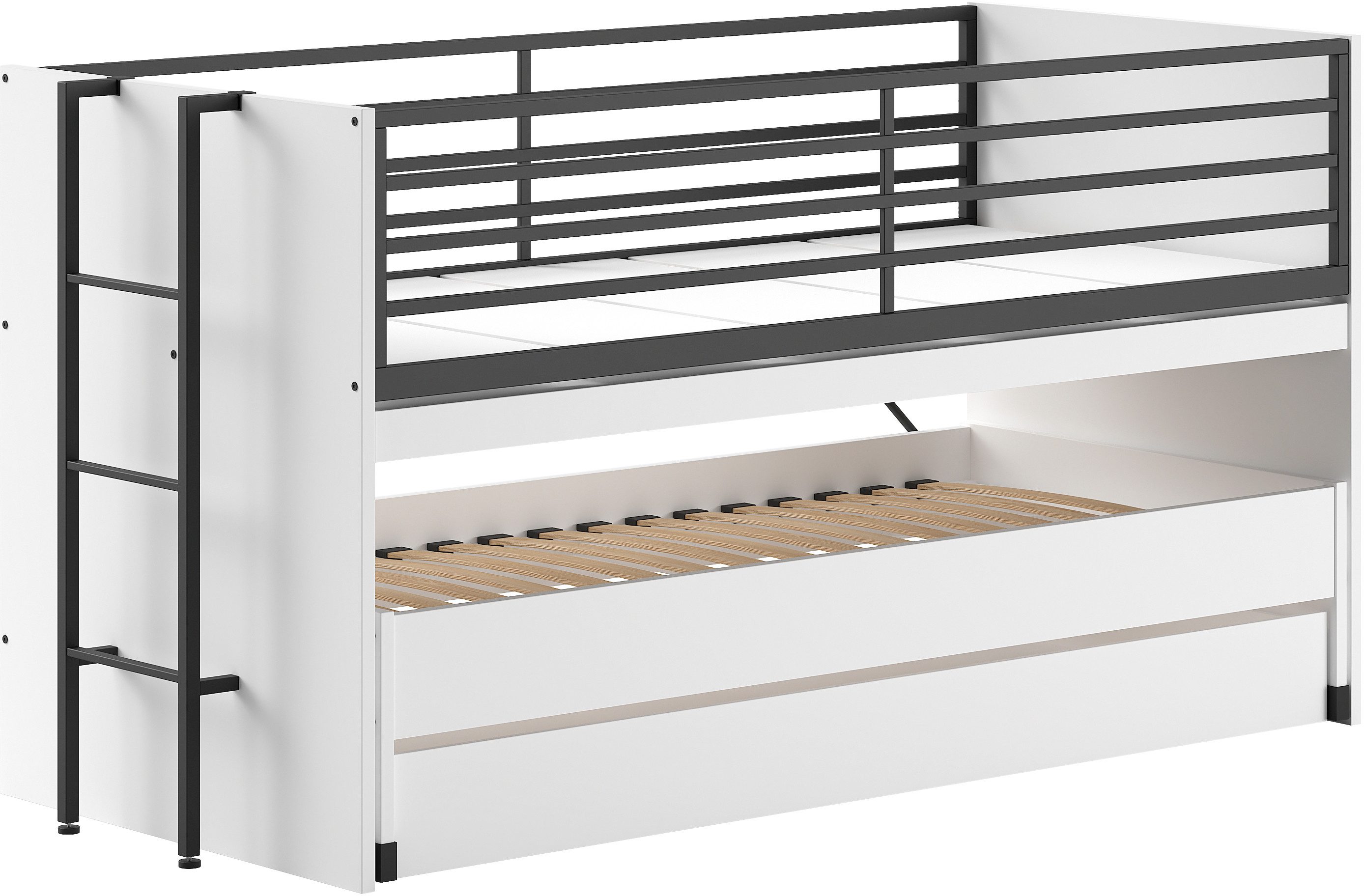 Home affaire Etagenbett praktisches Etagenbett mit viel Funktion, 2 Dekore zur Wahl (B/H/T ca. 219x114x98cm, Metall Leiter und Absturzschutz in schwarz), für kleine Räume, 2 Liegefl., Bettschublade, inkl. Schreibtisch