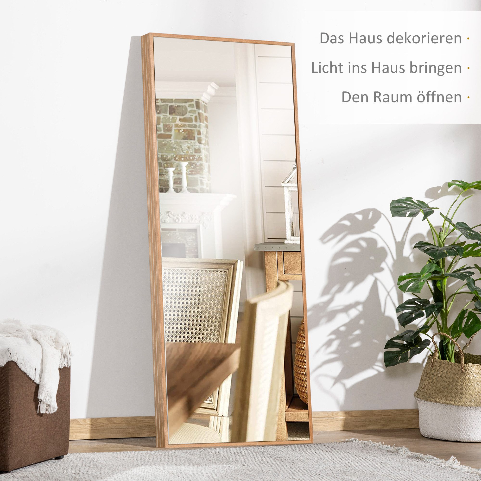 furnicato Standspiegel Hochspiegel Natur 45L x 125H cm mit Kiefernholzrahmen (1-St), Ganzkörperspiegel mit MDF-Rückwand für Schlafzimmer oder Bad