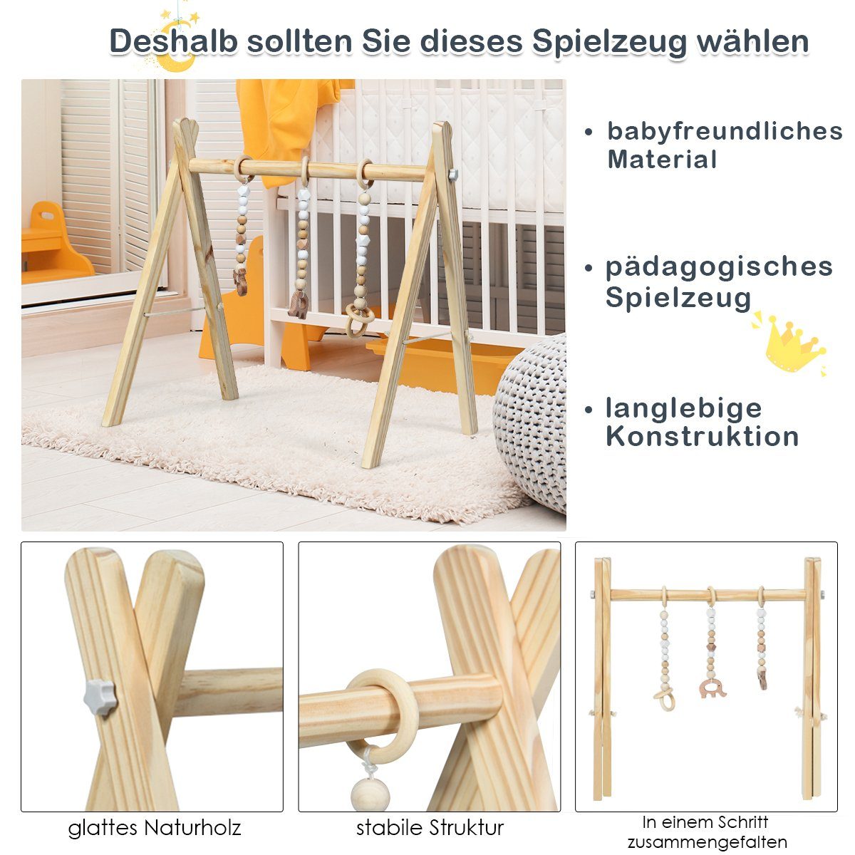 COSTWAY Baby Gym Spielbogen, mit 3 Kinderspielzeugen, klappbar, aus Holz – Bild 4 von 4