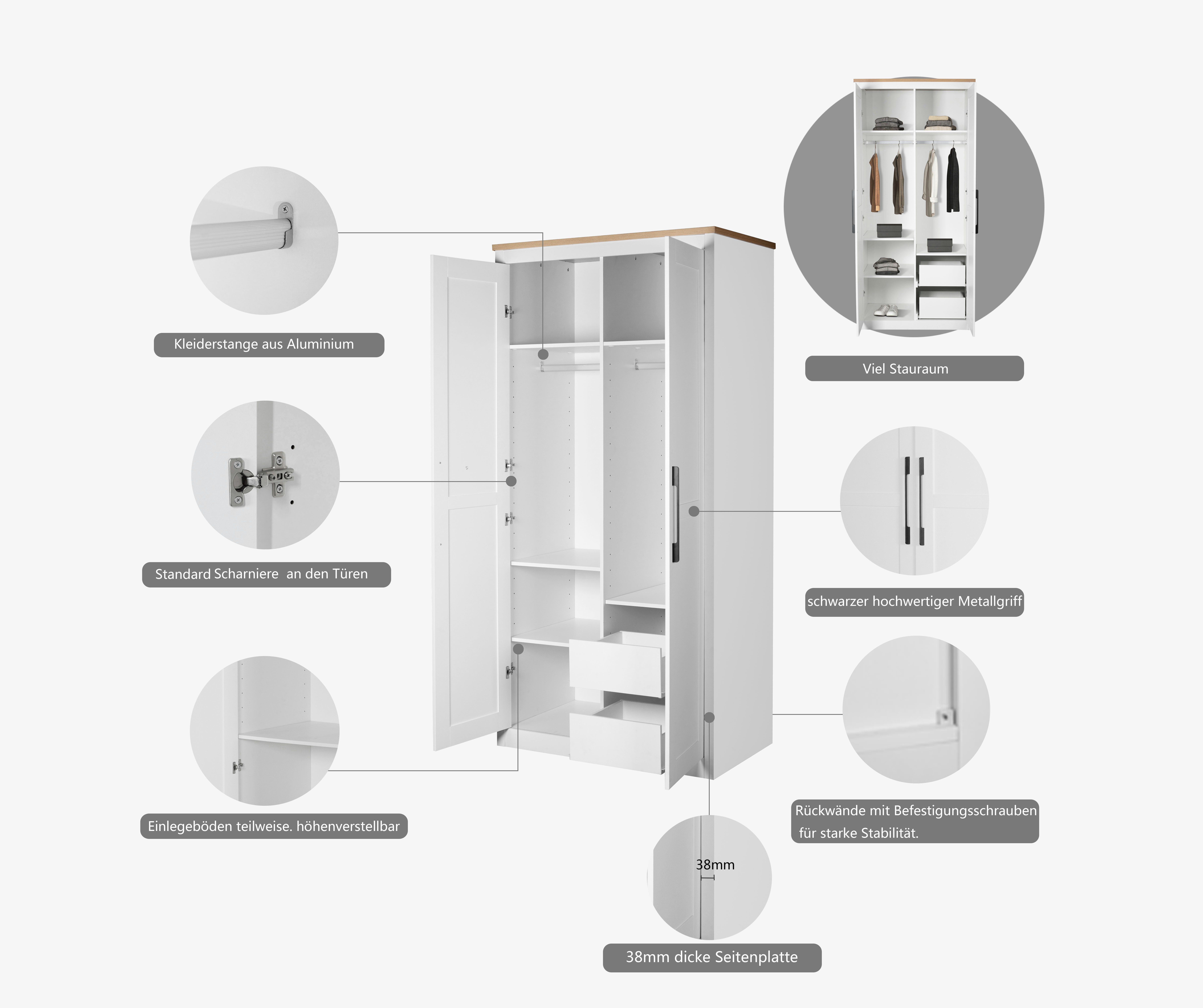 OTTO home Kleiderschrank Büsum Schlafzimmer Schrank (stabile robuste Bauweise mit optimaler Aufteilung) Schlafzimmerschrank Landhaus Design Garderobe Schrank Bestseller