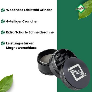 Weedness Kräutermühle Edelstahl Grinder Schwarz Skuffer-Sieb Metall Alu Cruncher Crusher, (1 Stück)