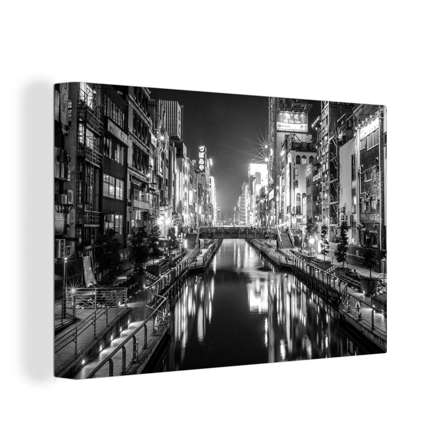 OneMillionCanvasses® Leinwandbild Dotonbori-Kanal in Osaka, Japan - schwarz-weiß, (1 St), Wandbild Leinwandbilder, Aufhängefertig, Wanddeko, 30x20 cm