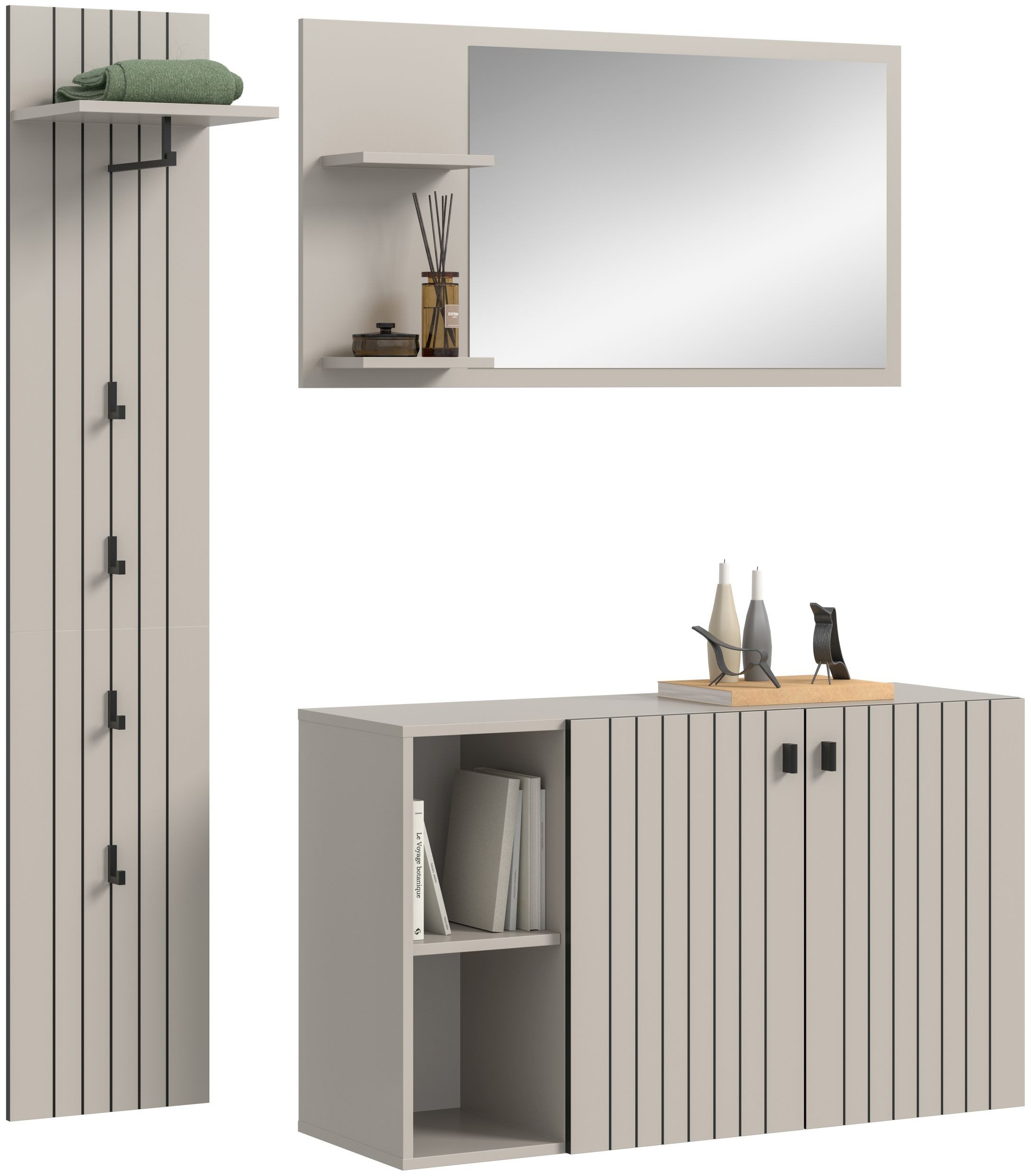 xonox.home Garderoben-Set, (3-tlg. Schuhkommode, Garderobenspiegel & Garderobenpaneel), in Kaschmir Nachbildung B/H/T ca.: 152/192/37 cm