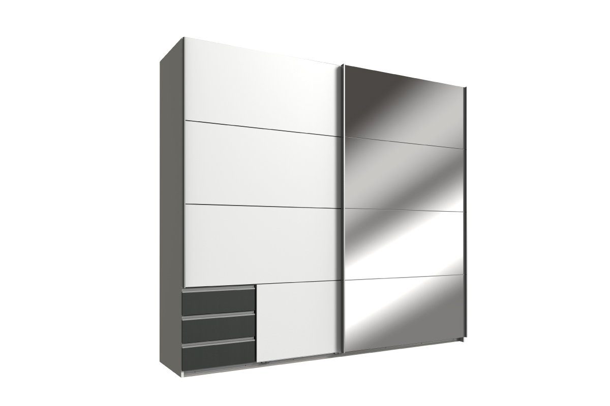 Stylefy Schwebetürenschrank Odri II (Kleiderschrank, Design, Schubladen 2 variabel Modern stellbar mit Schibetüren, Weiß Metall, und Spiegel - Graphit Holzwerkstoff, viel Stauraum, Mehrzweckschrank) mit aus