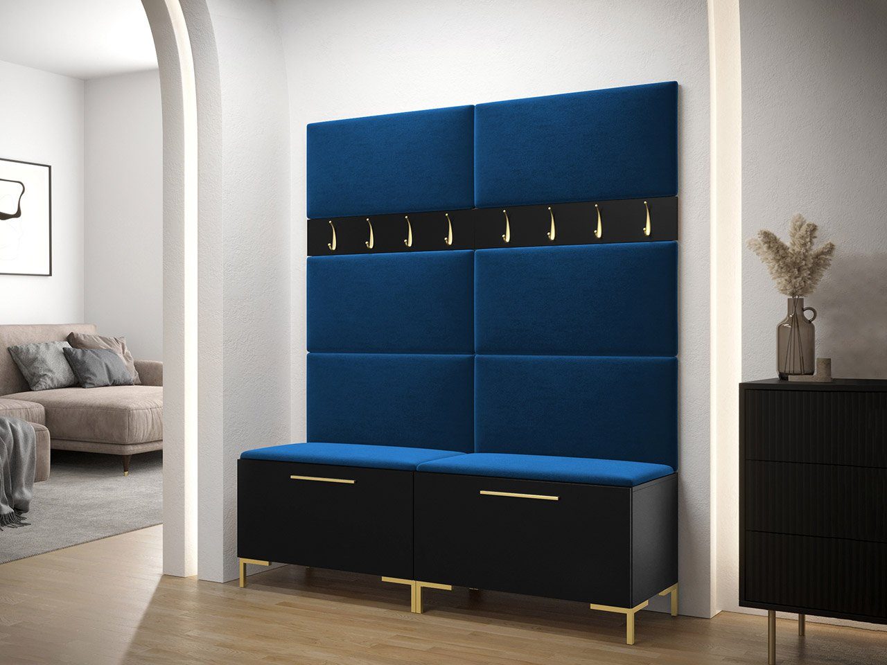 MIRJAN24 Garderoben-Set Zilion II, (Komplett-Set, 2x Schuhschrank, 2x Kleiderhakenbrett, Gepolstertes Paneel 8x 84x42), Auswahl aus Fronten und Polsterplatten