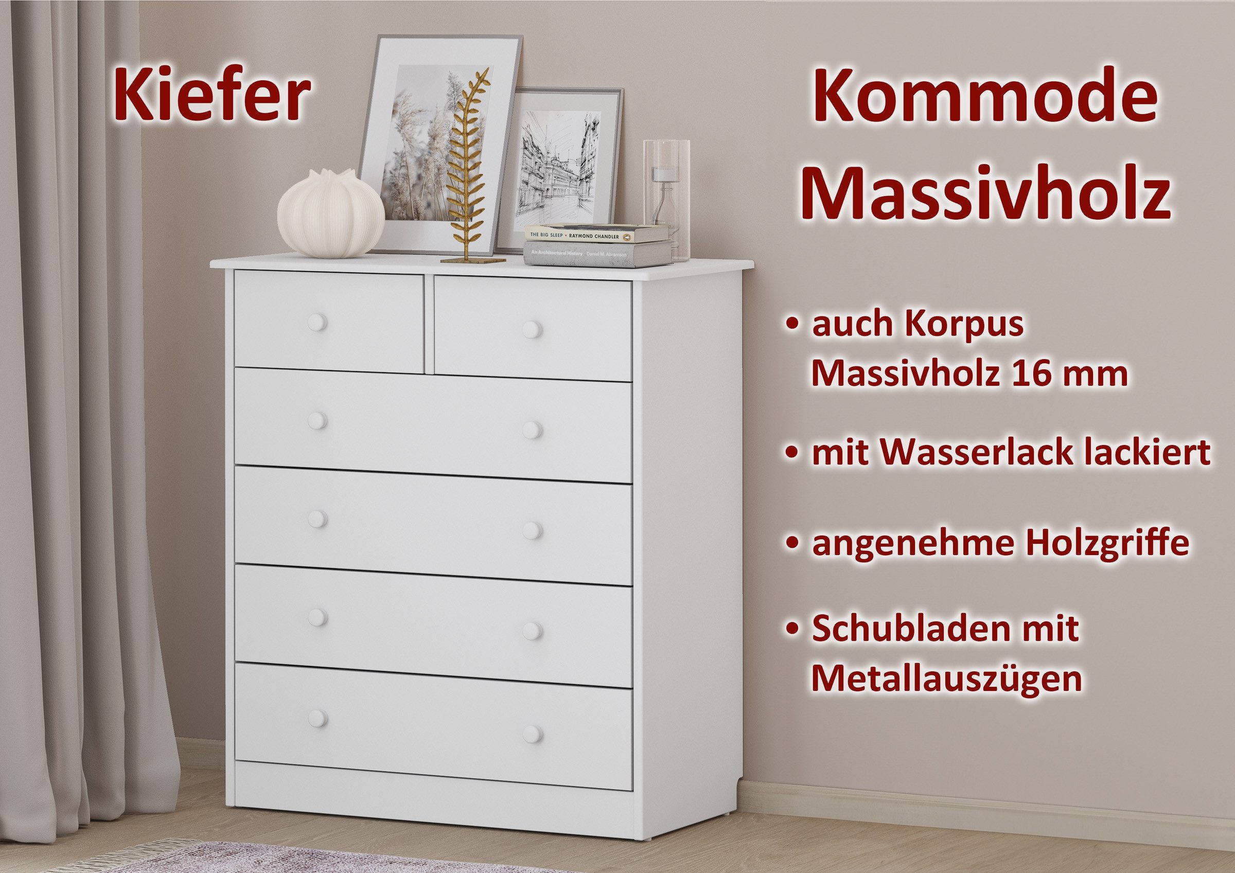 ERST-HOLZ Sideboard Kommode Weiß Sideboard Anrichte Kiefer Massiv 6 Schubladen, 90.50-13W - Kommode Kiefer weiß-6 Schubladen