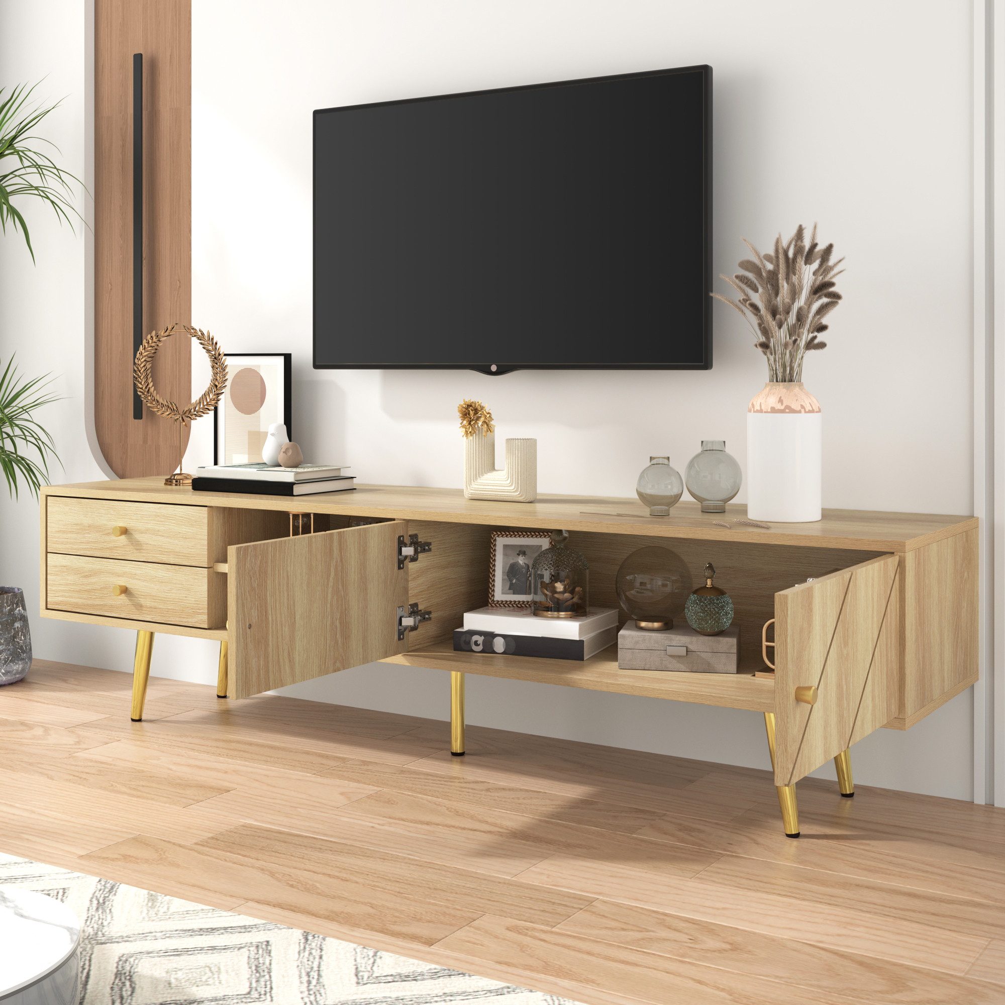 Merax Lowboard Holzoptik (1 St), TV-Schrank mit 2 Schubladen, Türen & Goldfüße, Breit: 160cm