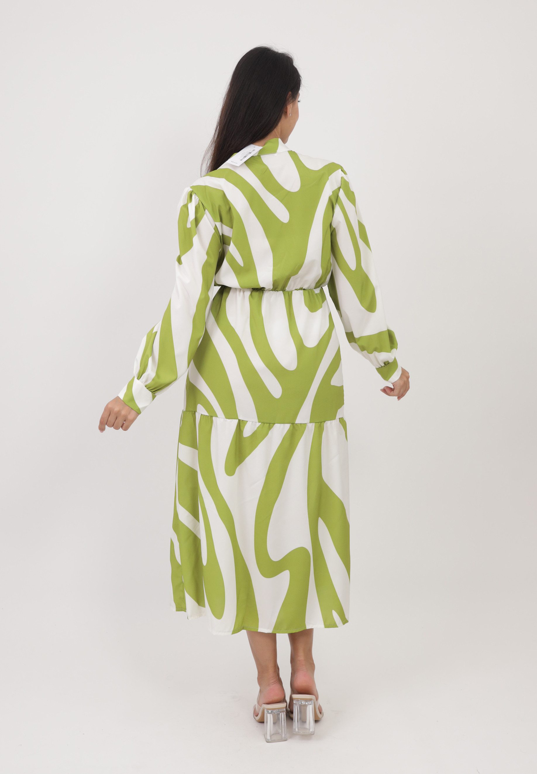 Elara Maxikleid — Damen Hemdblusenkleid in Midilänge mit Muster und Taillenzug