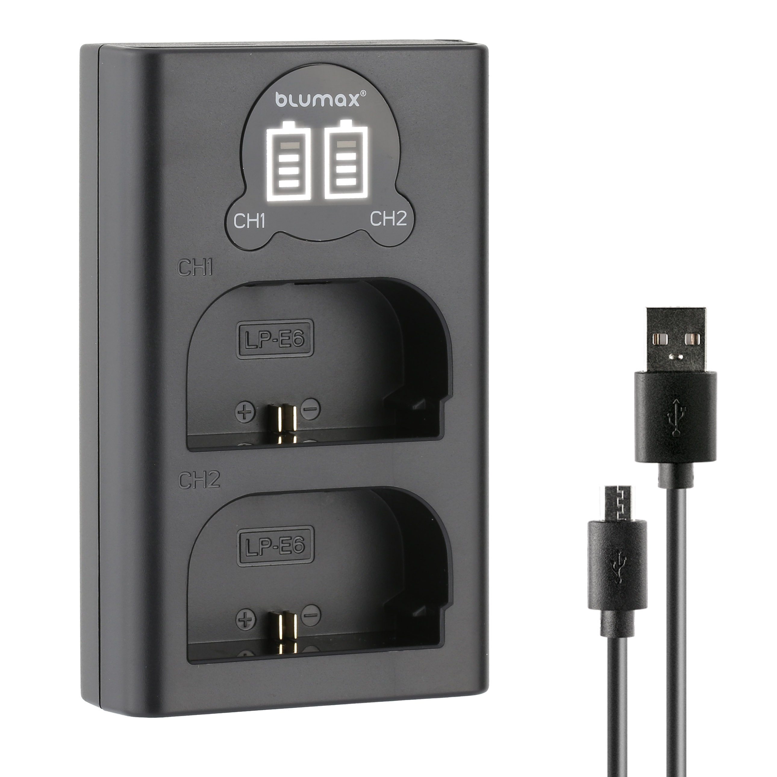 Blumax Dual LCD Ladegerät, für Canon LP-E6 USB-C Kamera-Ladegerät